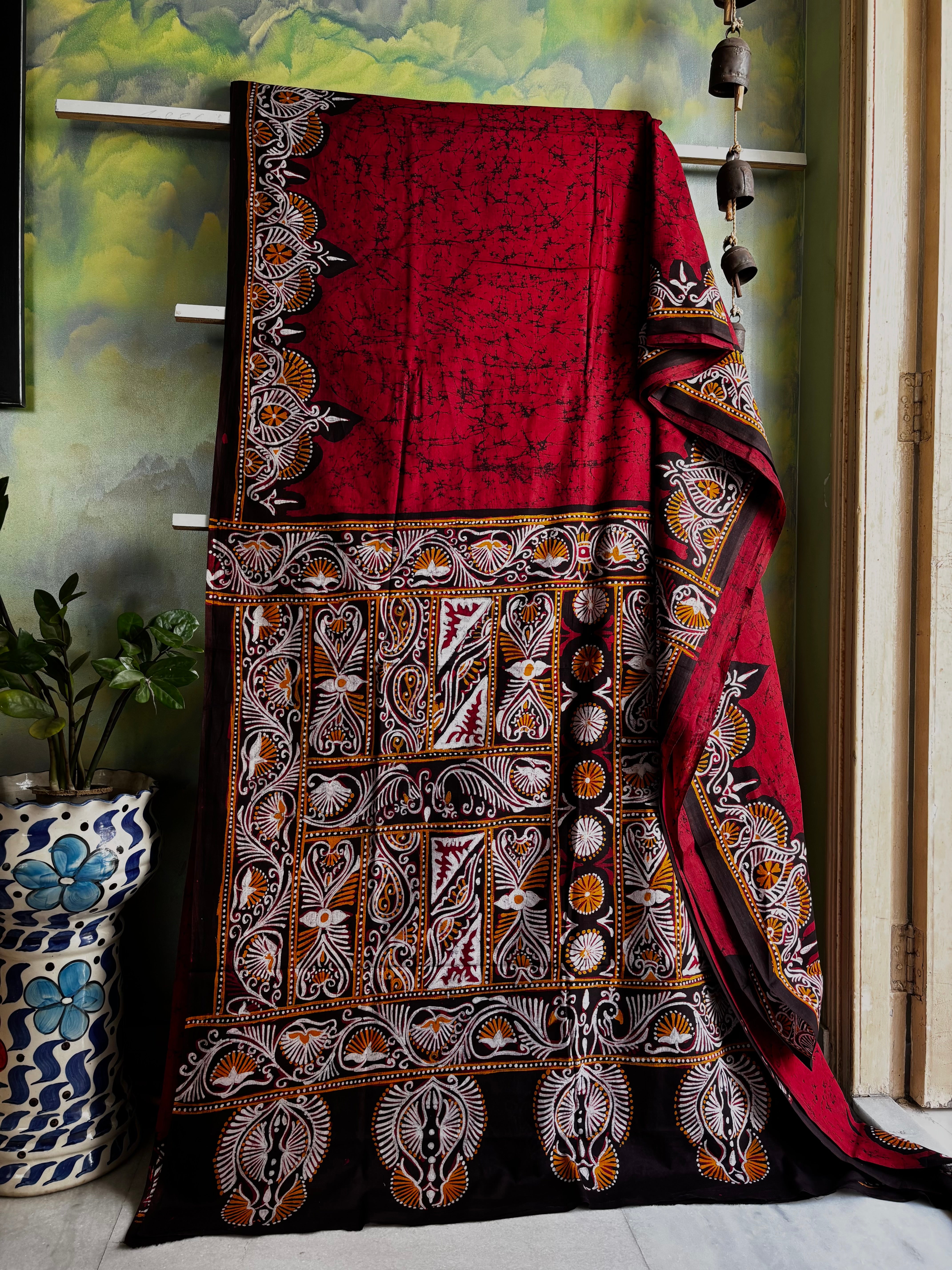 Handmade Pure Cotton Red Colour Batik Saree