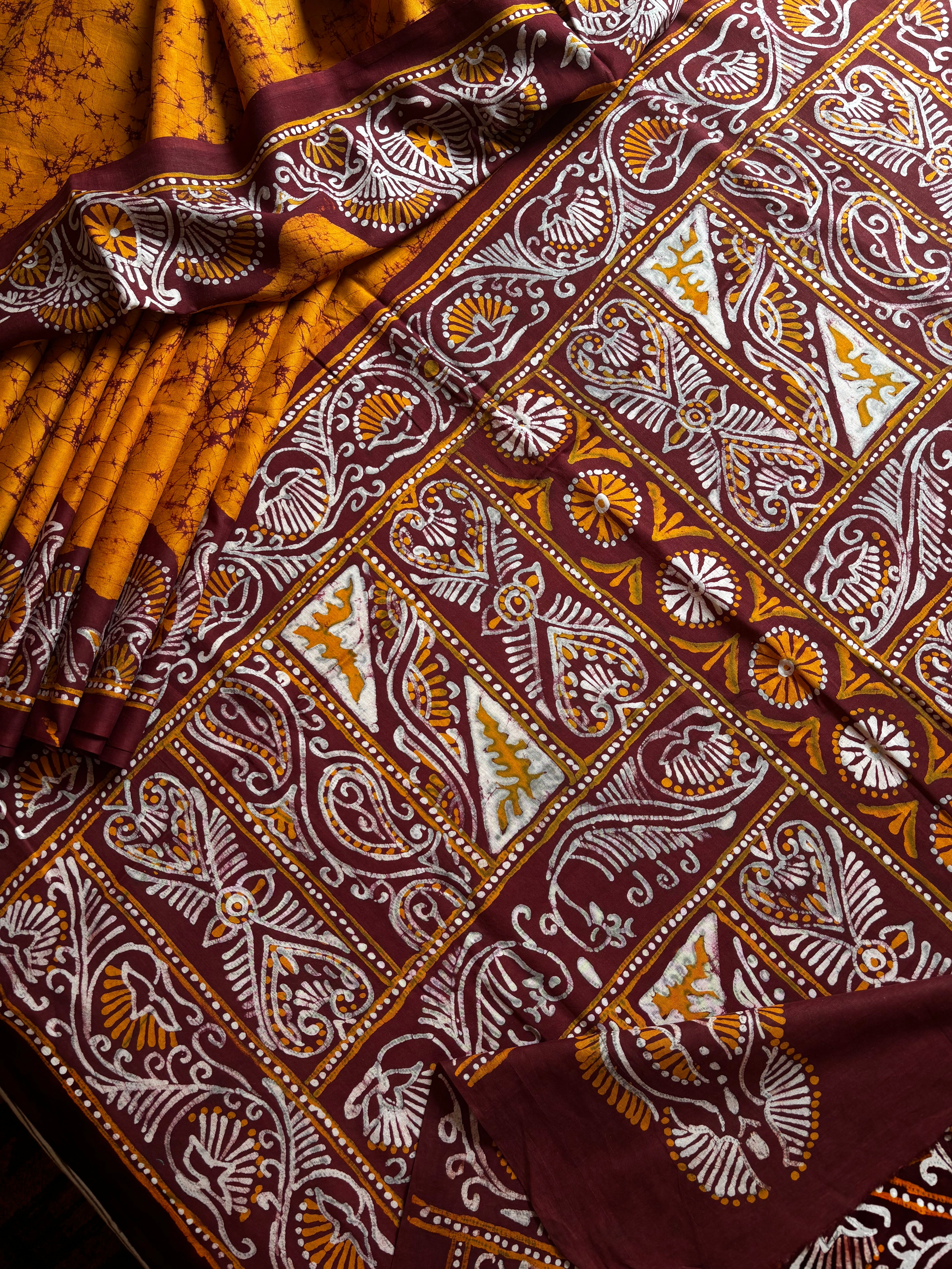 Handmade Pure Cotton Mustard Colour Batik Saree