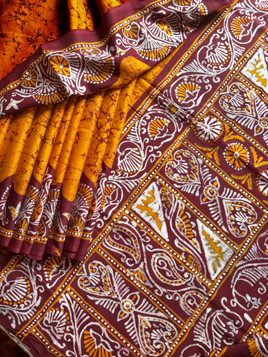 Handmade Pure Cotton Mustard Colour Batik Saree