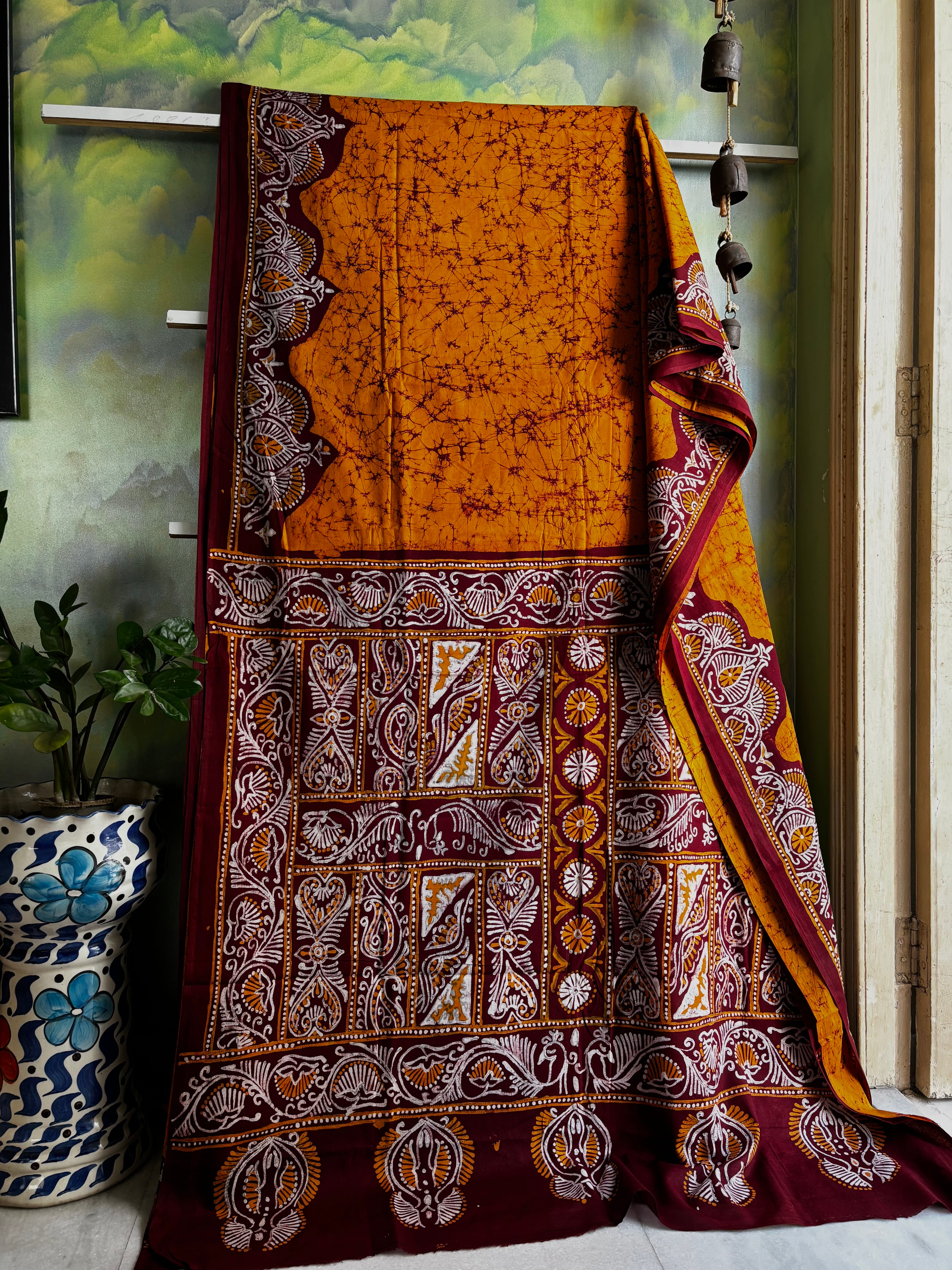 Handmade Pure Cotton Mustard Colour Batik Saree