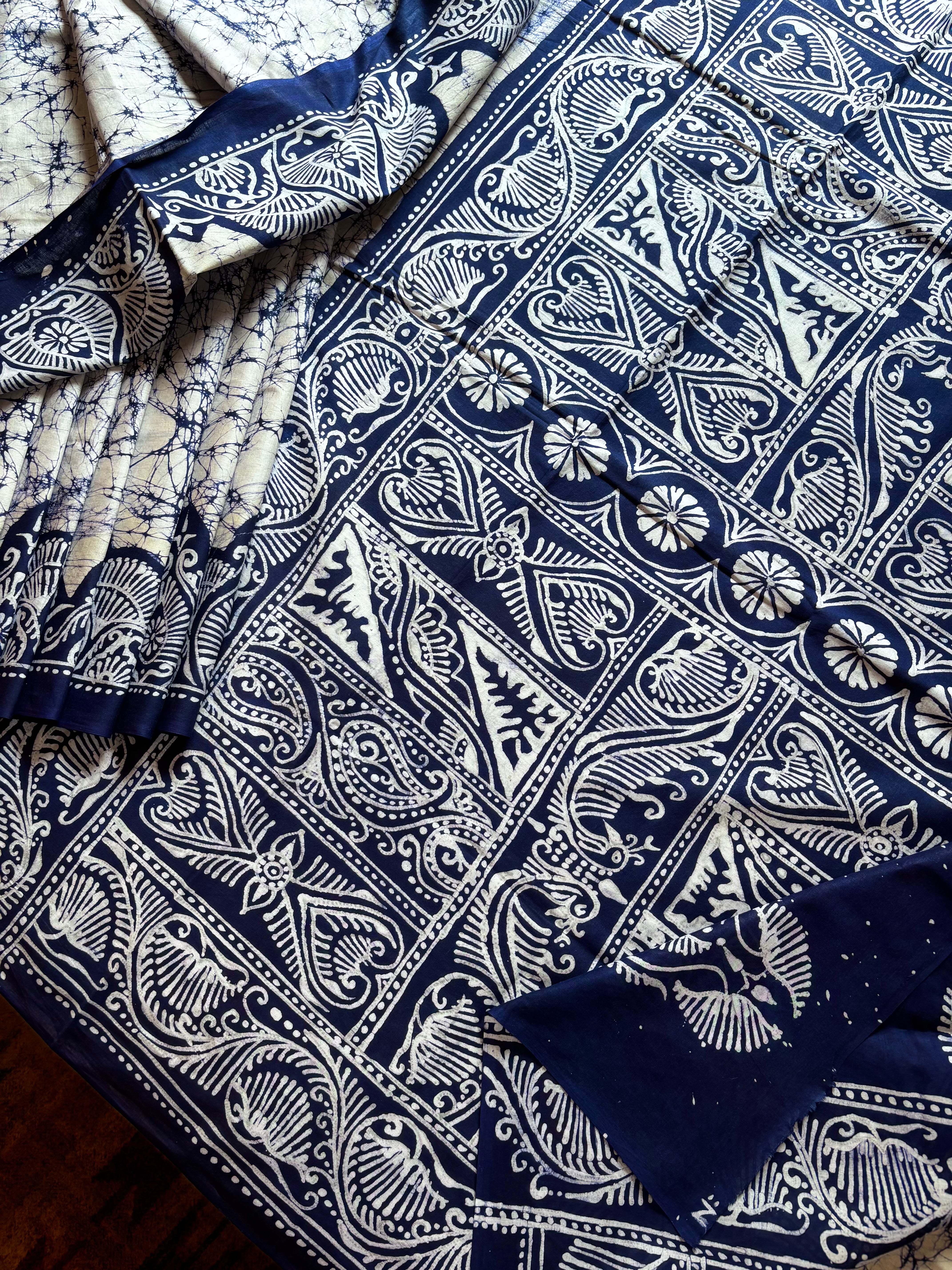 Handmade Pure Cotton White Blue Batik Saree