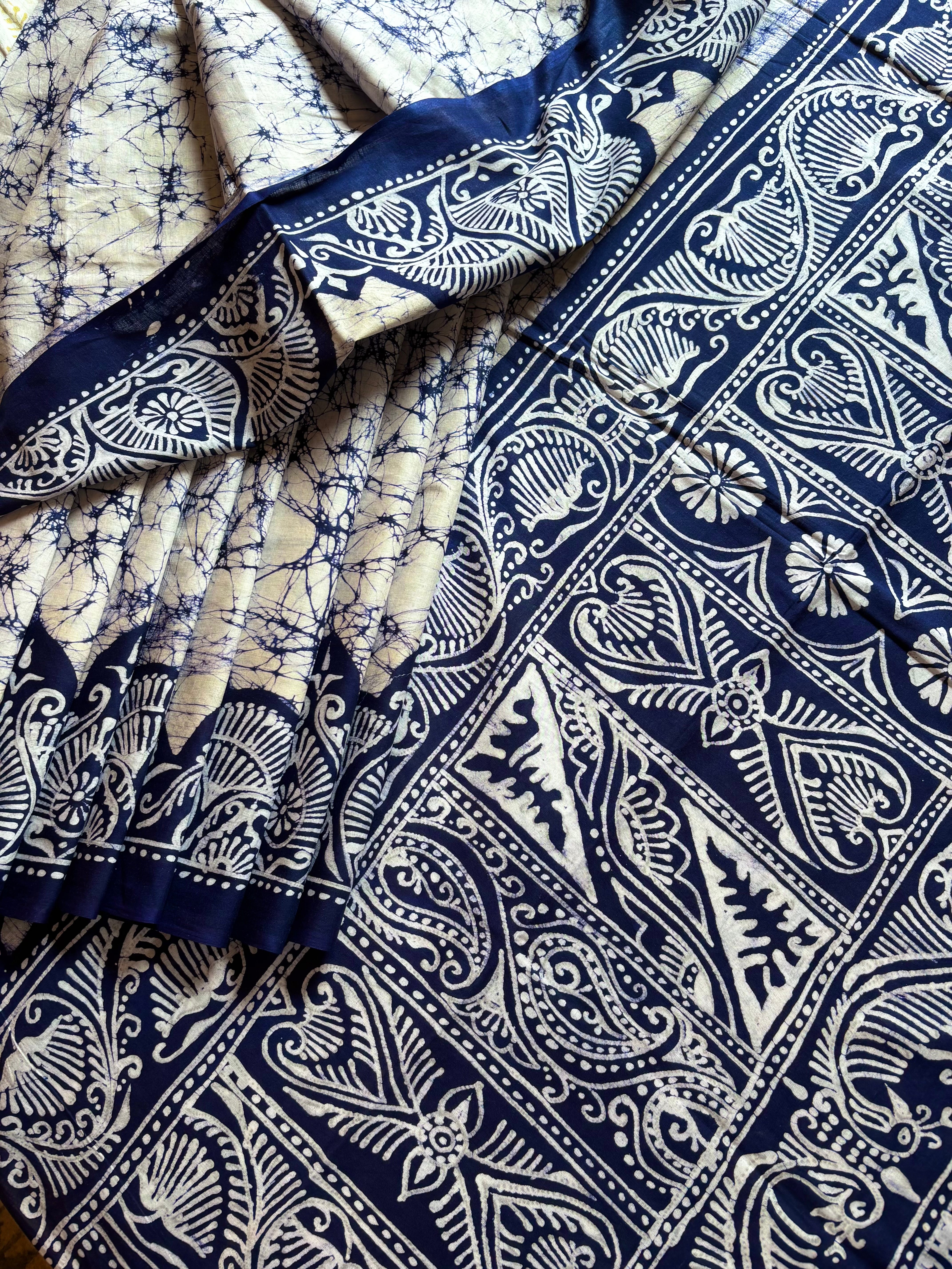 Handmade Pure Cotton White Blue Batik Saree