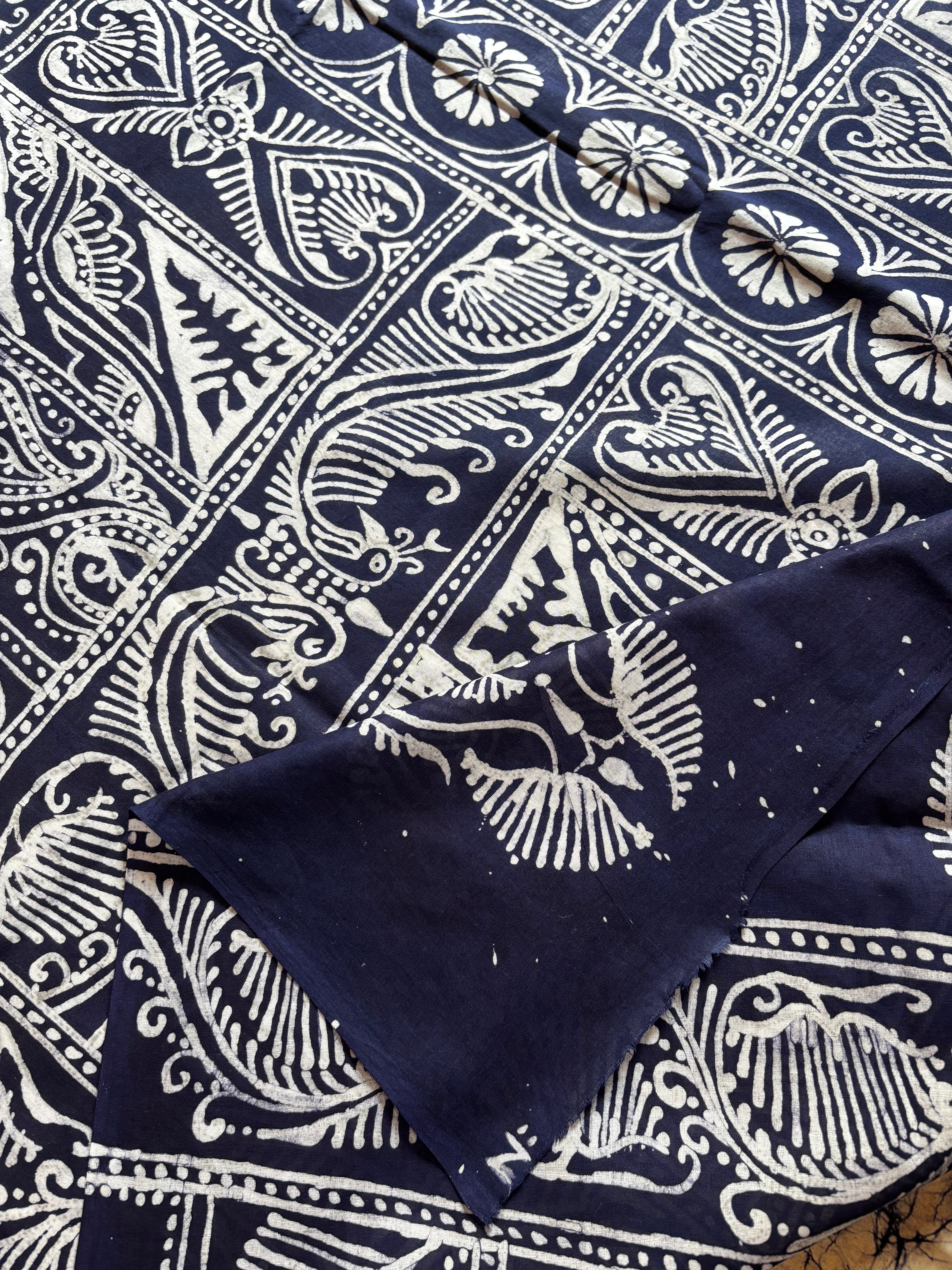 Handmade Pure Cotton White Blue Batik Saree