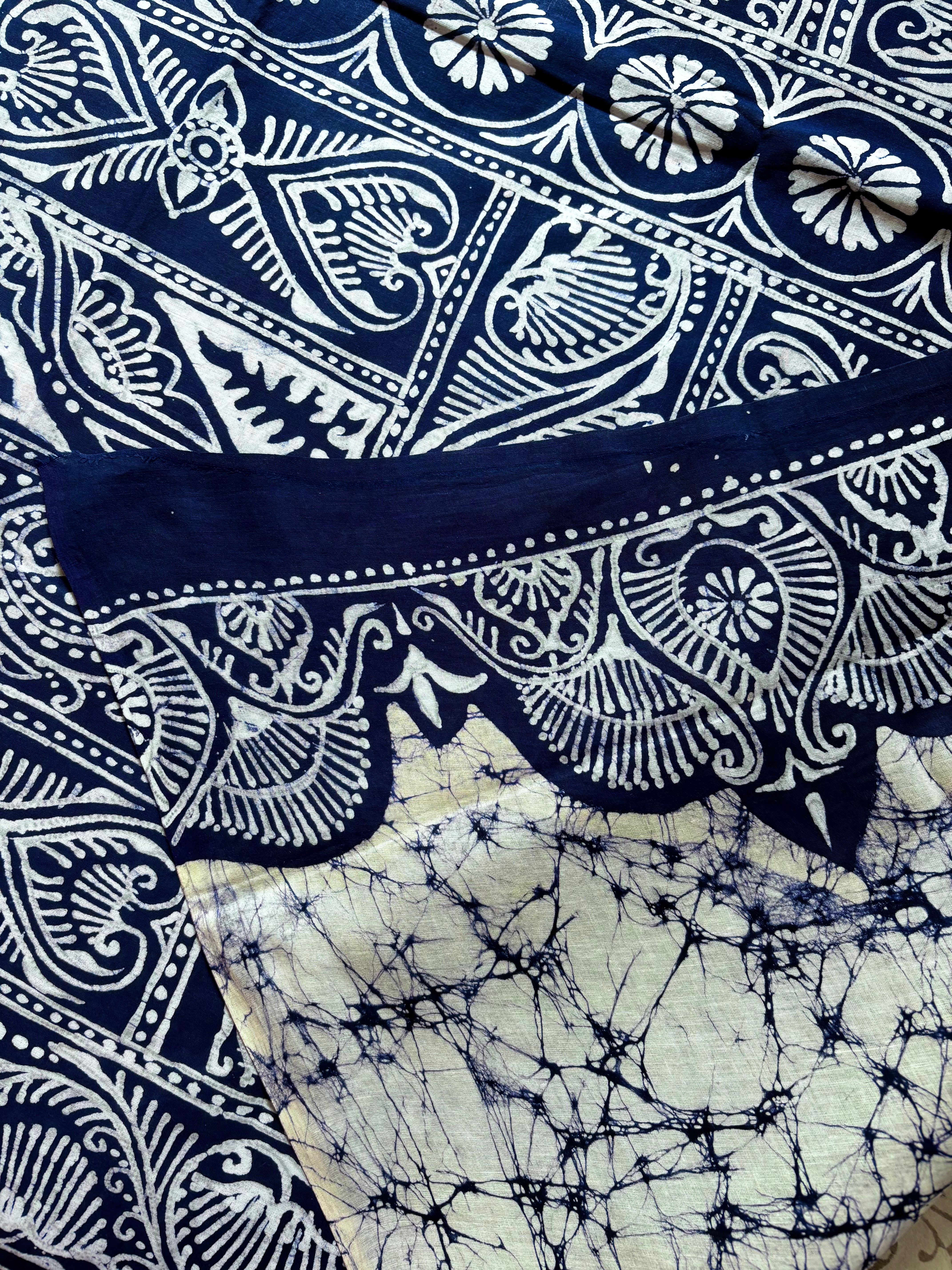 Handmade Pure Cotton White Blue Batik Saree
