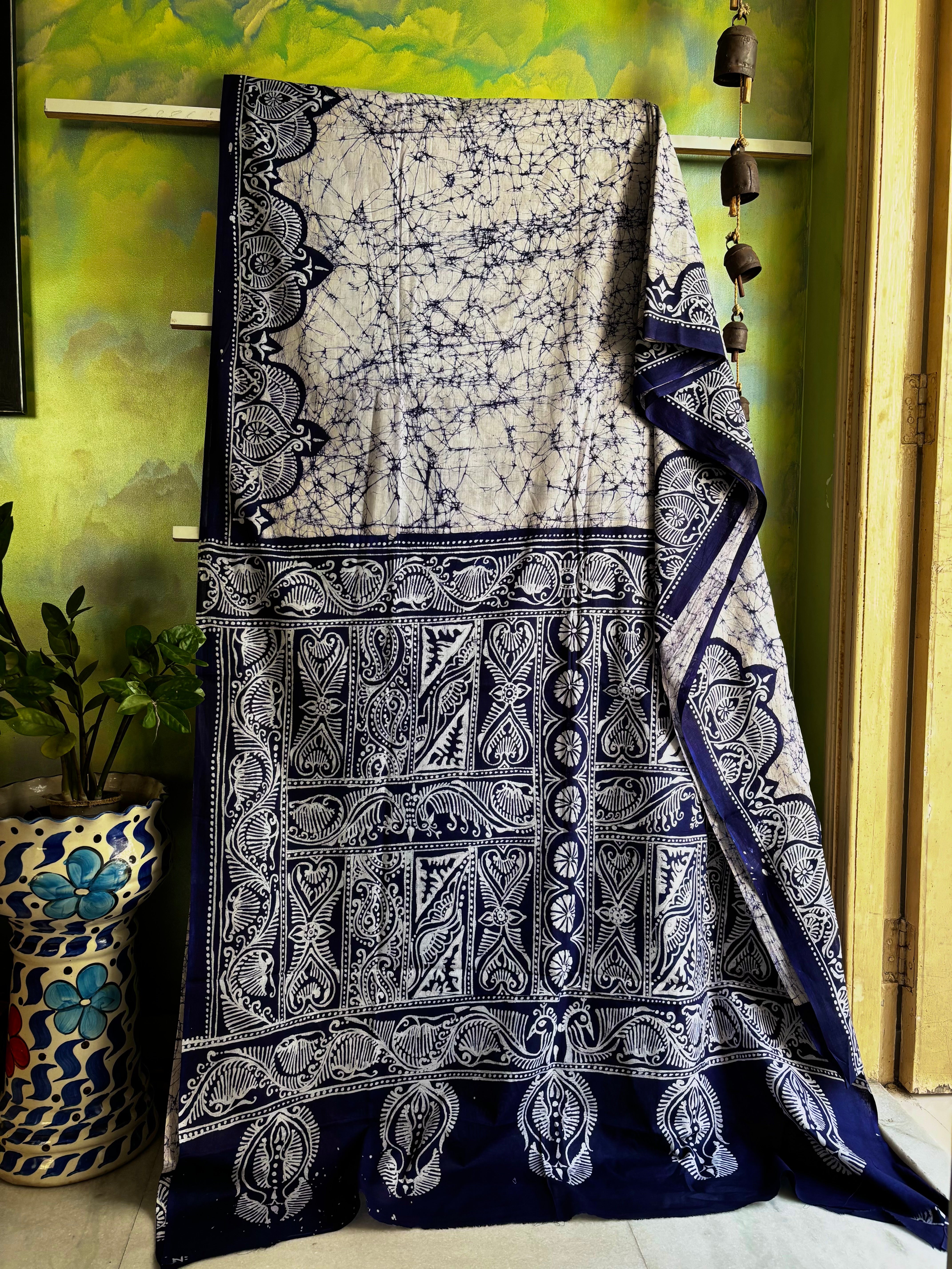 Handmade Pure Cotton White Blue Batik Saree