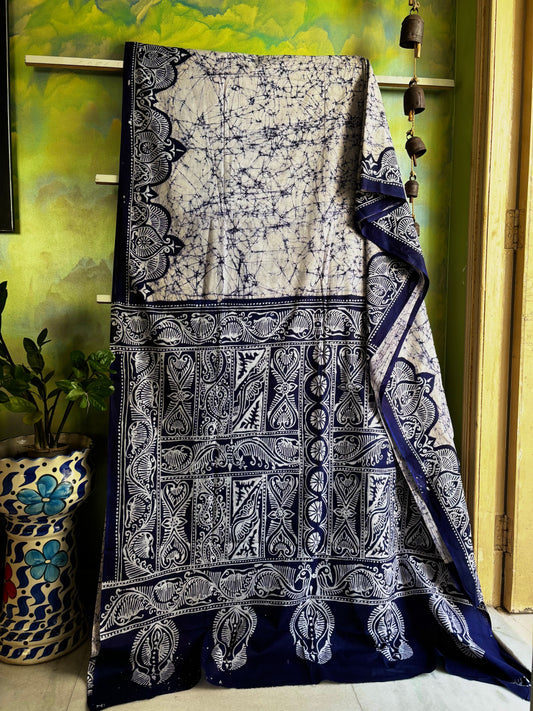 Handmade Pure Cotton White Blue Batik Saree