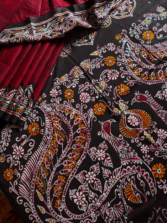 Handmade Pure Cotton Red Colour Batik Saree