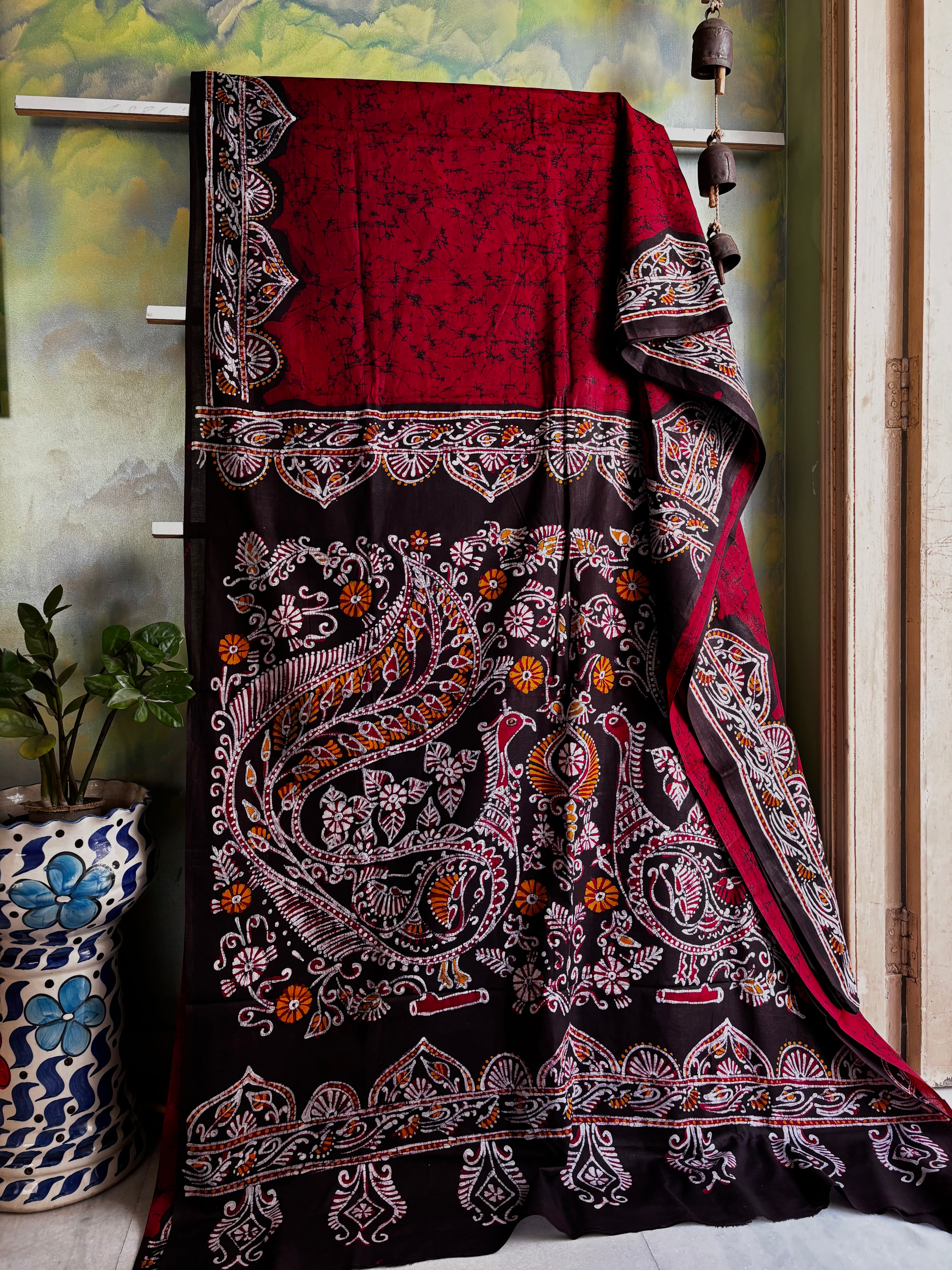 Handmade Pure Cotton Red Colour Batik Saree