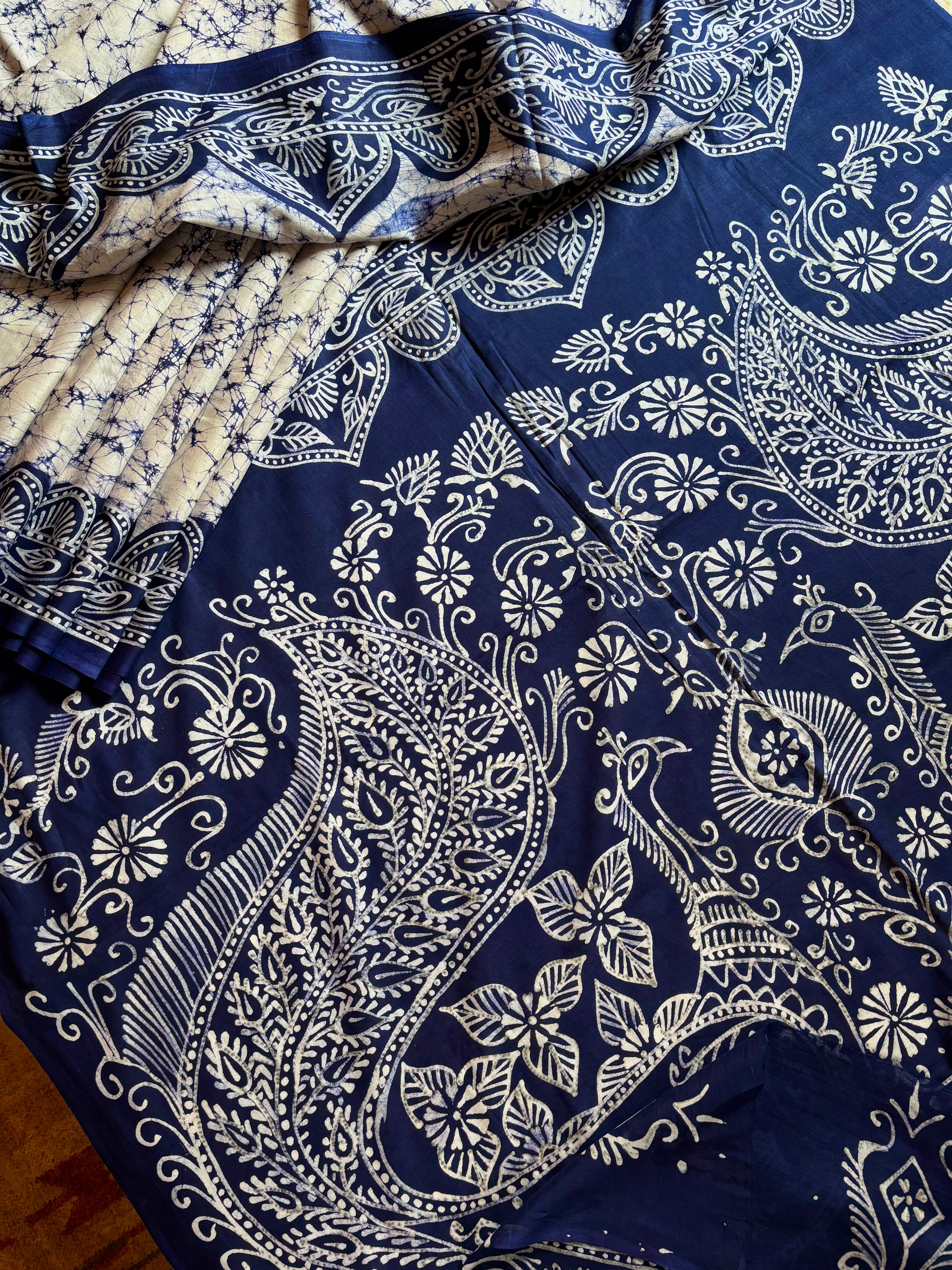 Handmade Pure Cotton White Blue Batik Saree