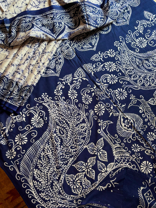 Handmade Pure Cotton White Blue Batik Saree