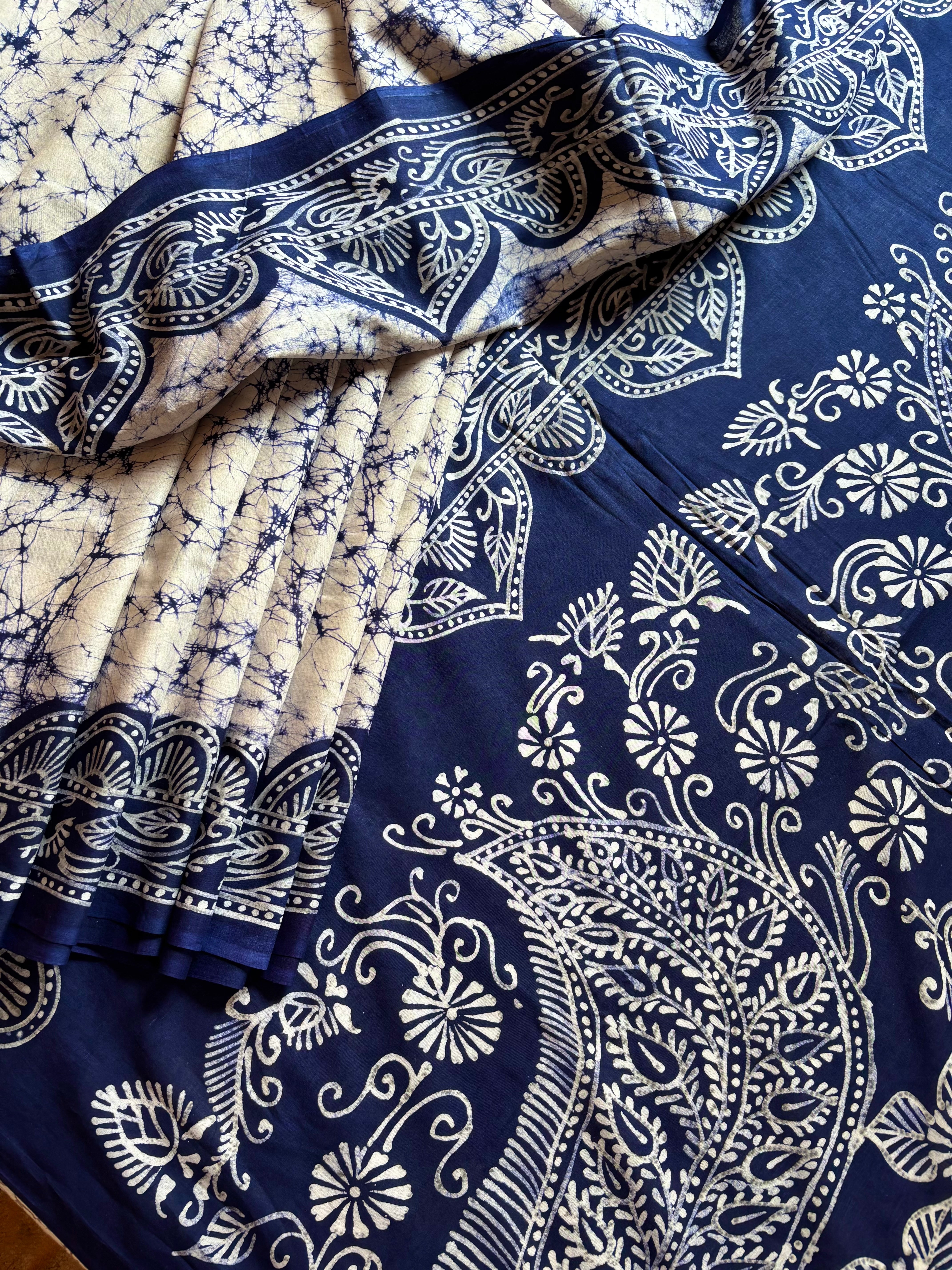 Handmade Pure Cotton White Blue Batik Saree