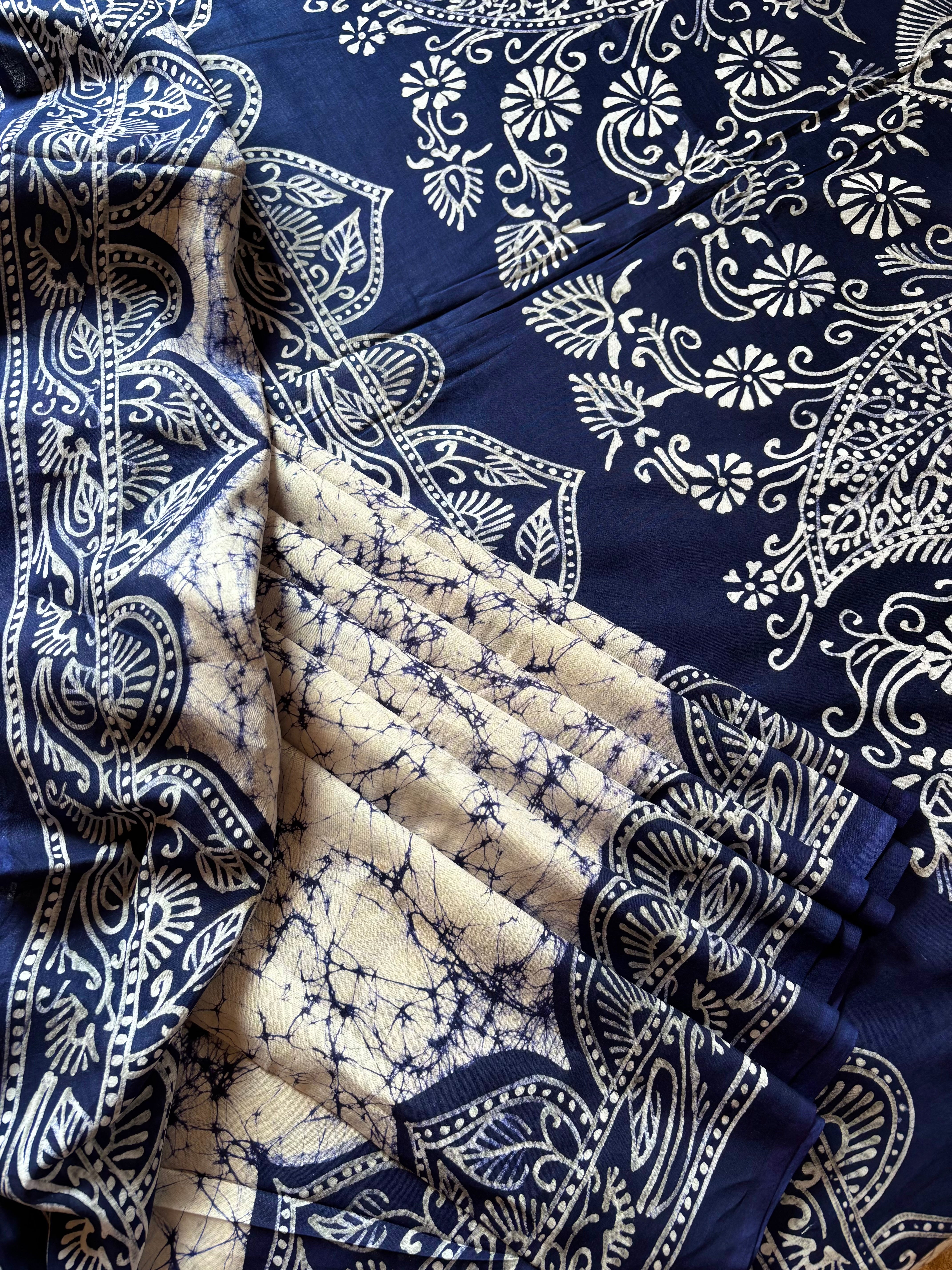 Handmade Pure Cotton White Blue Batik Saree