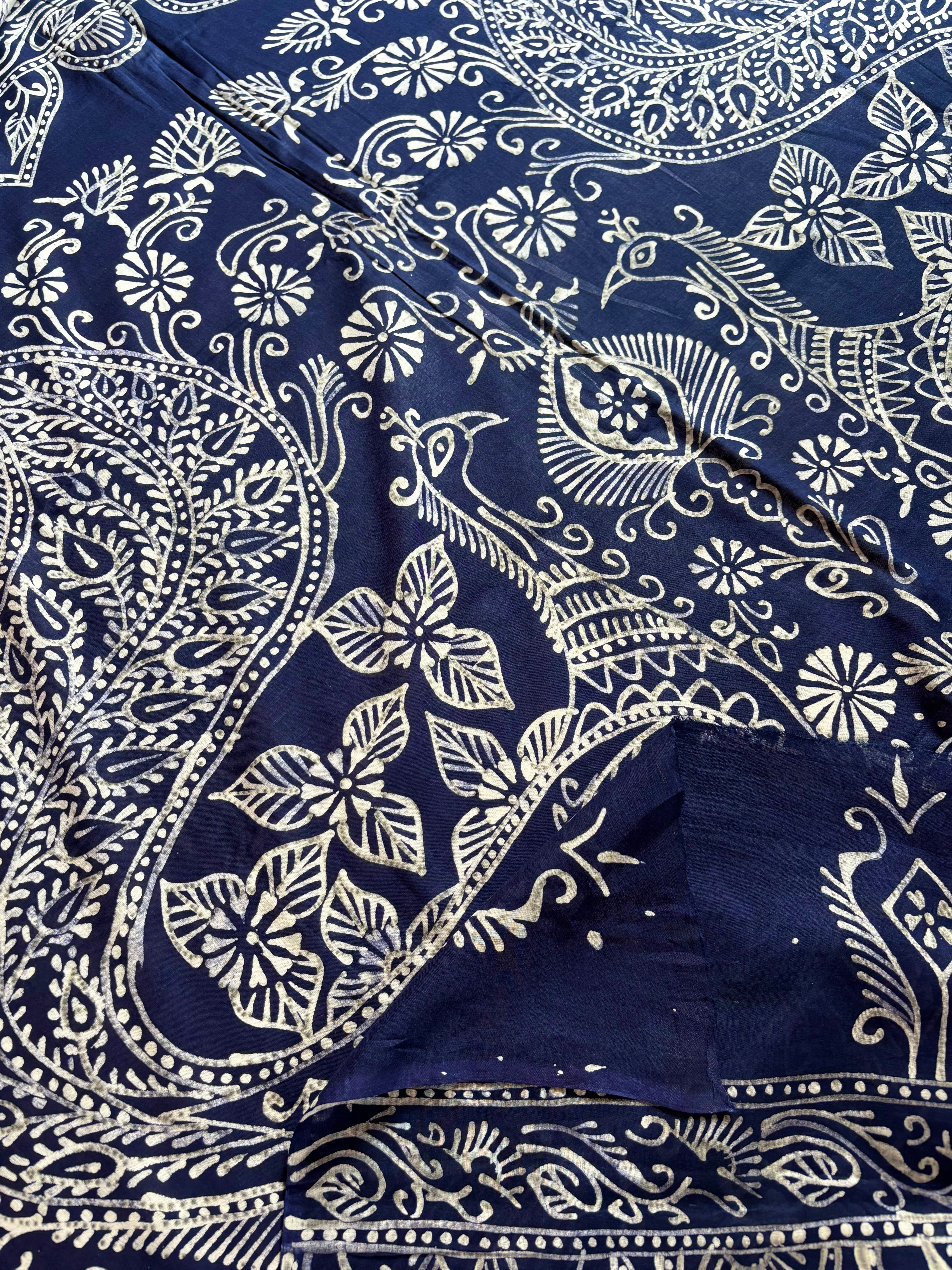 Handmade Pure Cotton White Blue Batik Saree