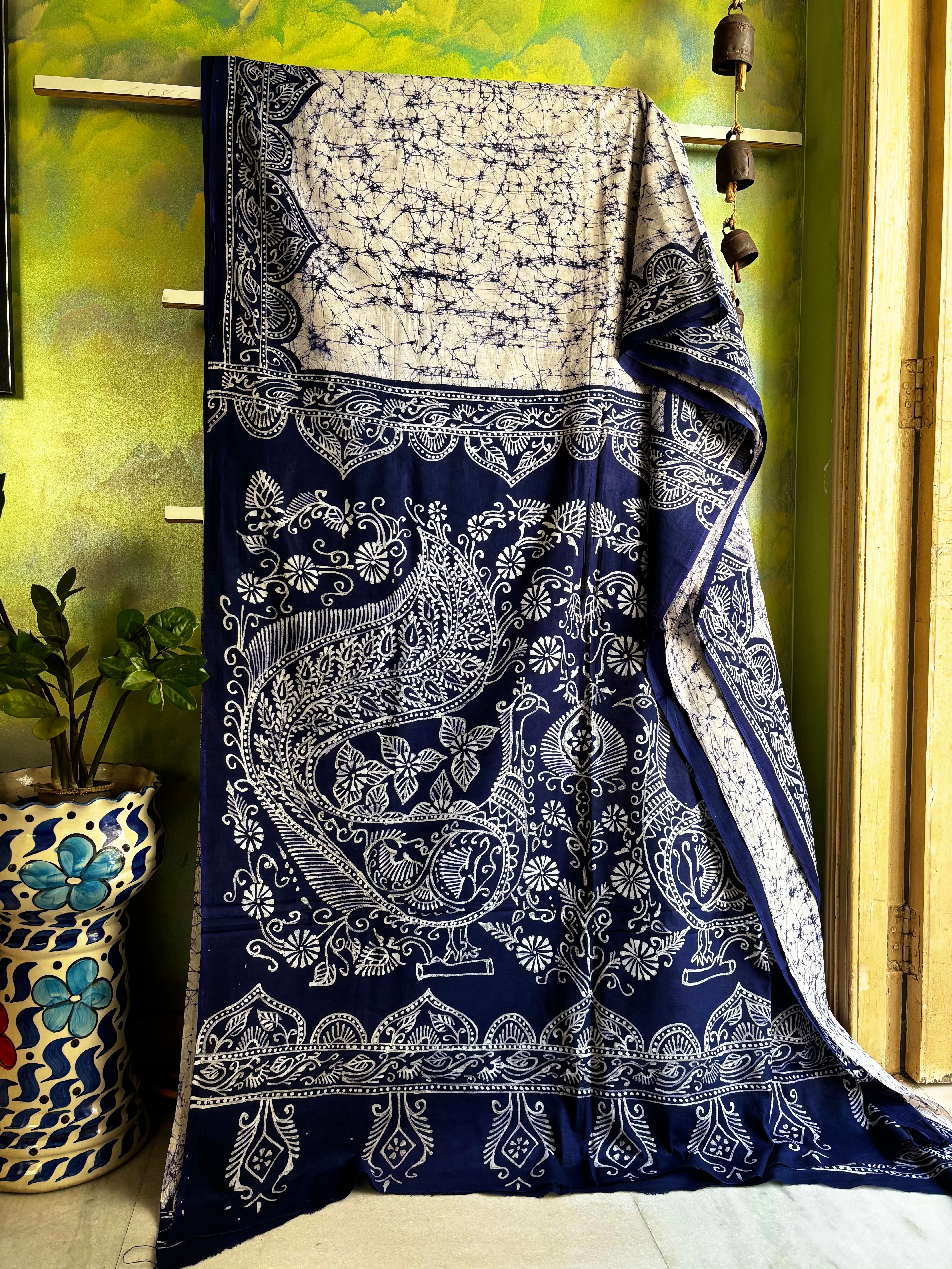 Handmade Pure Cotton White Blue Batik Saree