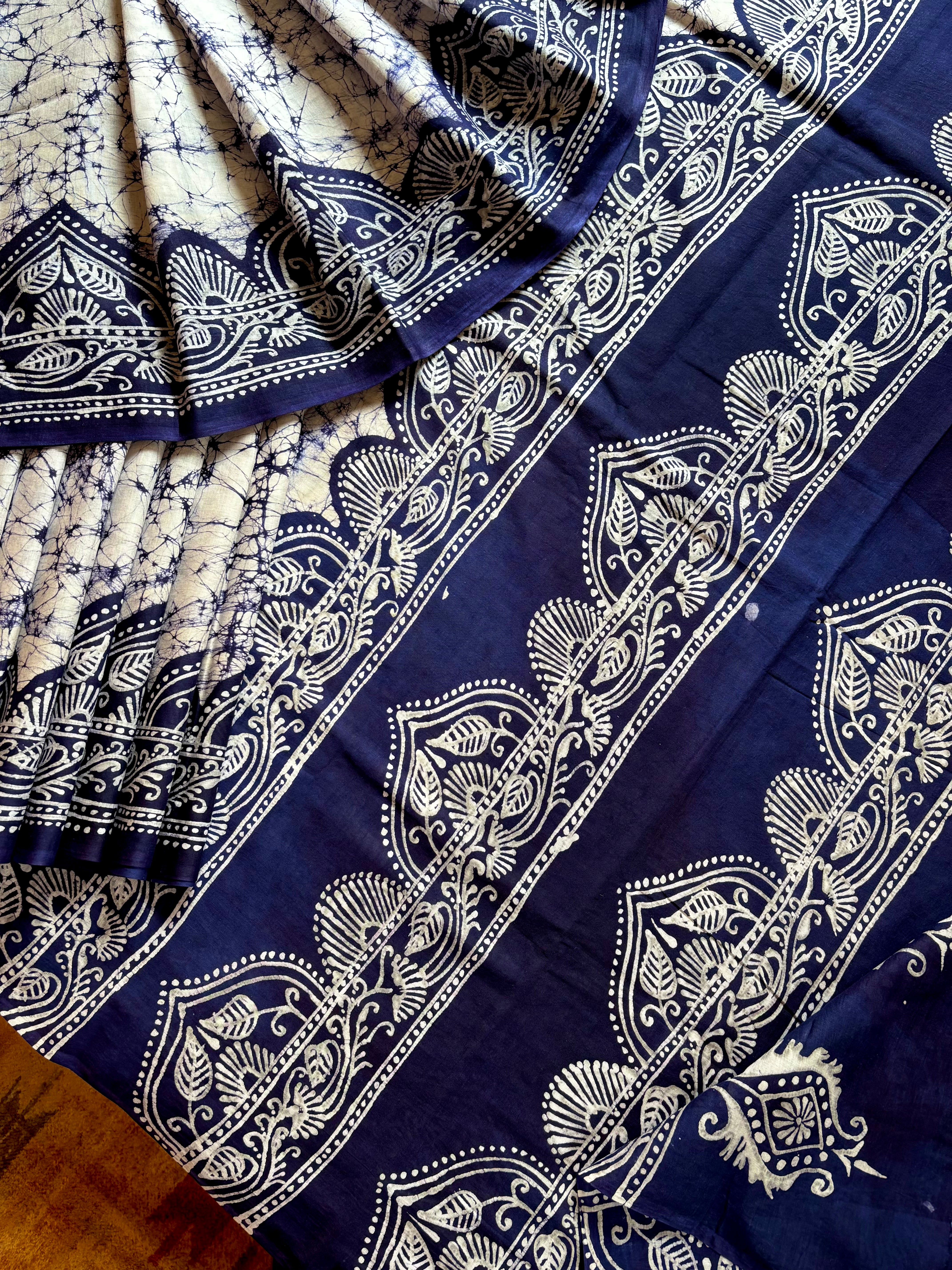 Handmade Pure Cotton White Blue Batik Saree