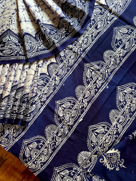 Handmade Pure Cotton White Blue Batik Saree