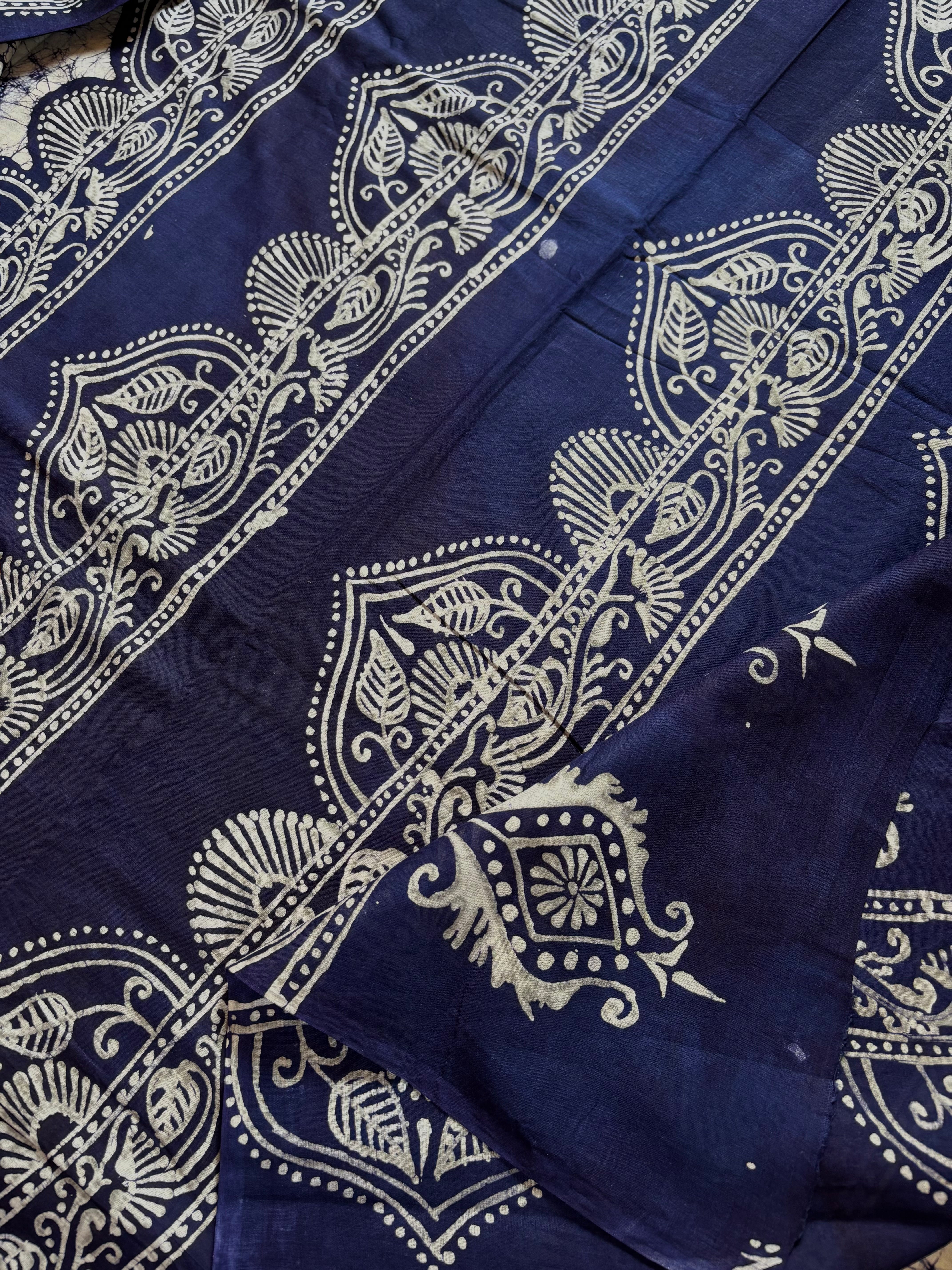 Handmade Pure Cotton White Blue Batik Saree