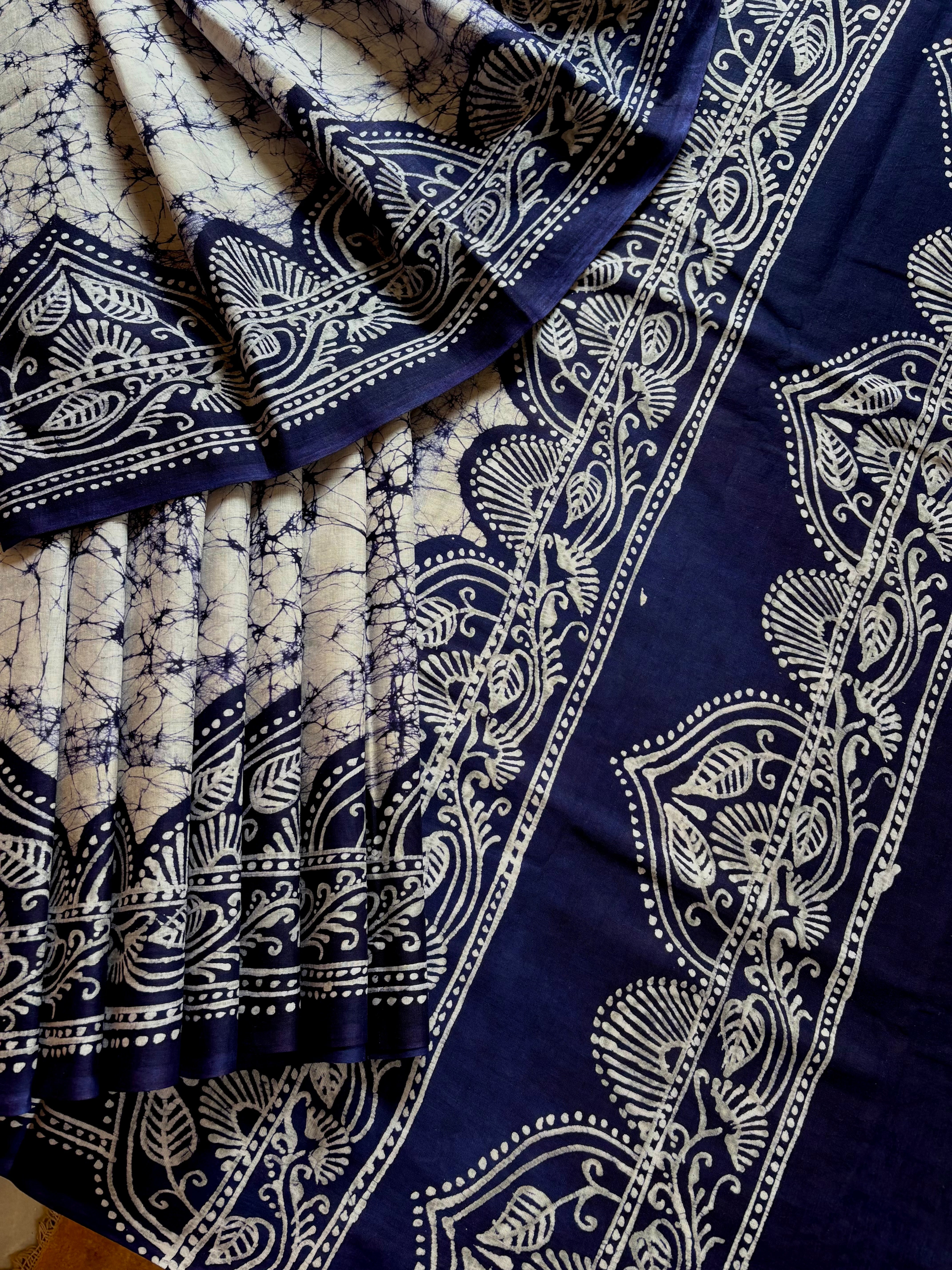 Handmade Pure Cotton White Blue Batik Saree
