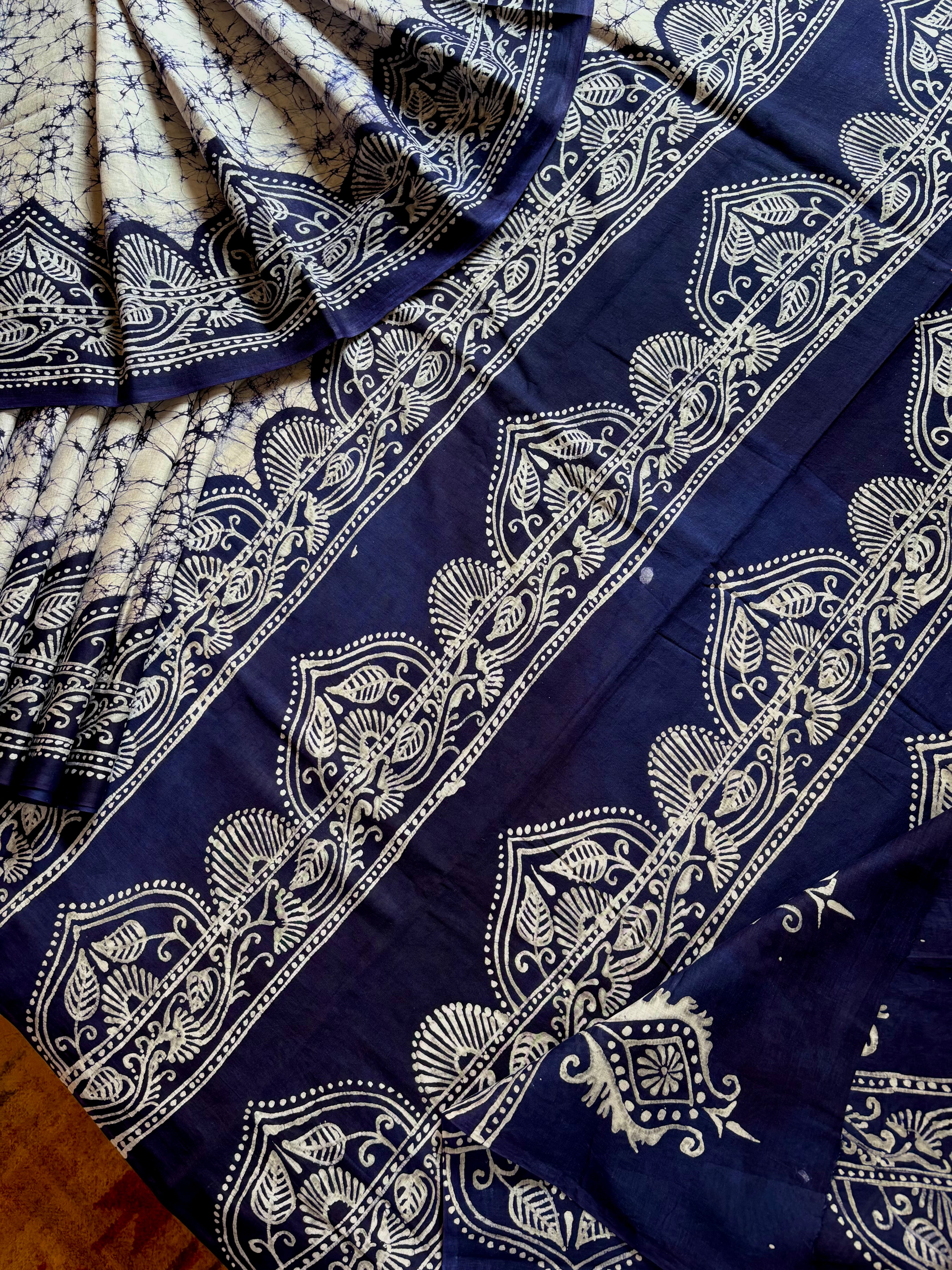 Handmade Pure Cotton White Blue Batik Saree