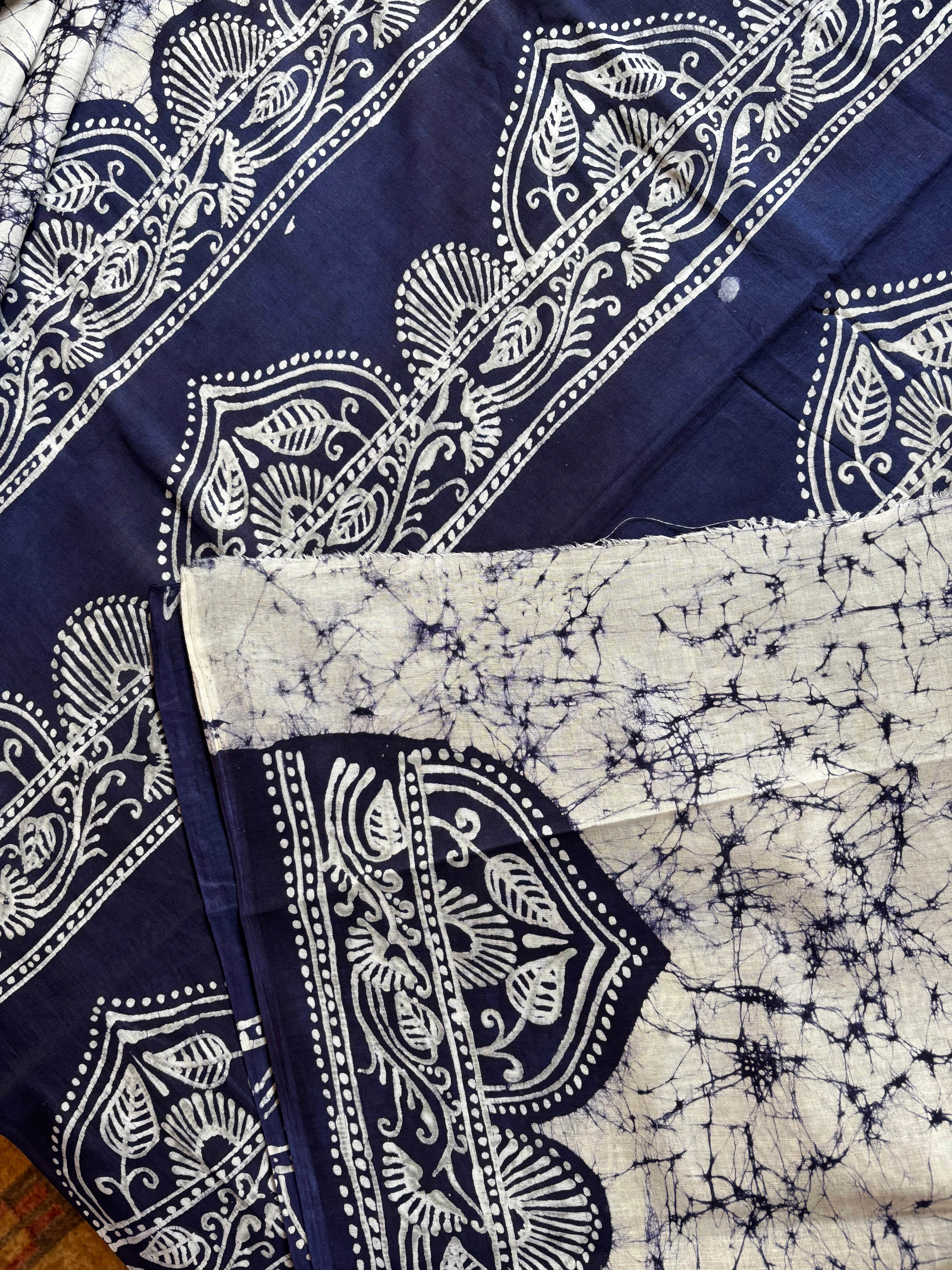 Handmade Pure Cotton White Blue Batik Saree