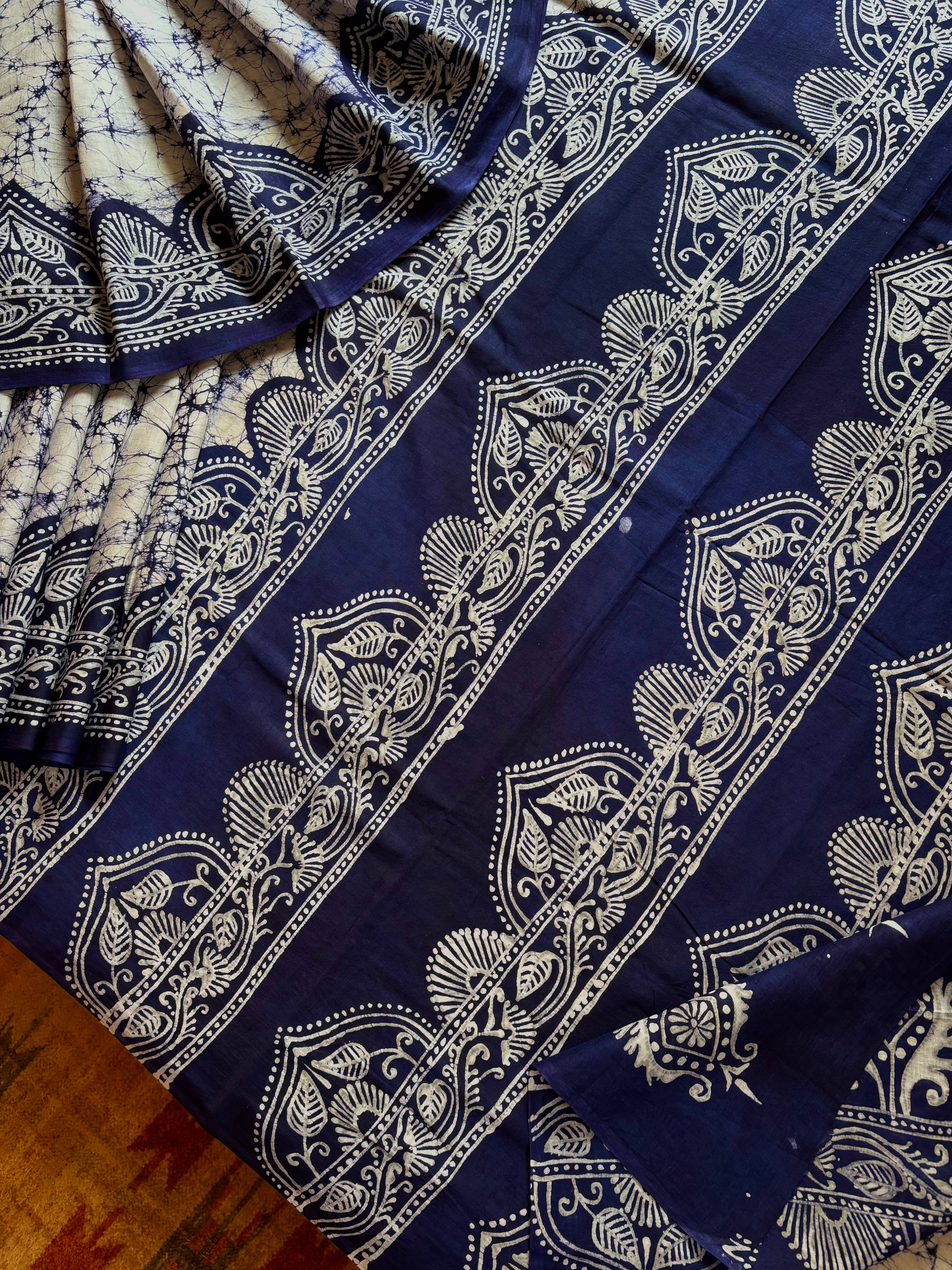Handmade Pure Cotton White Blue Batik Saree