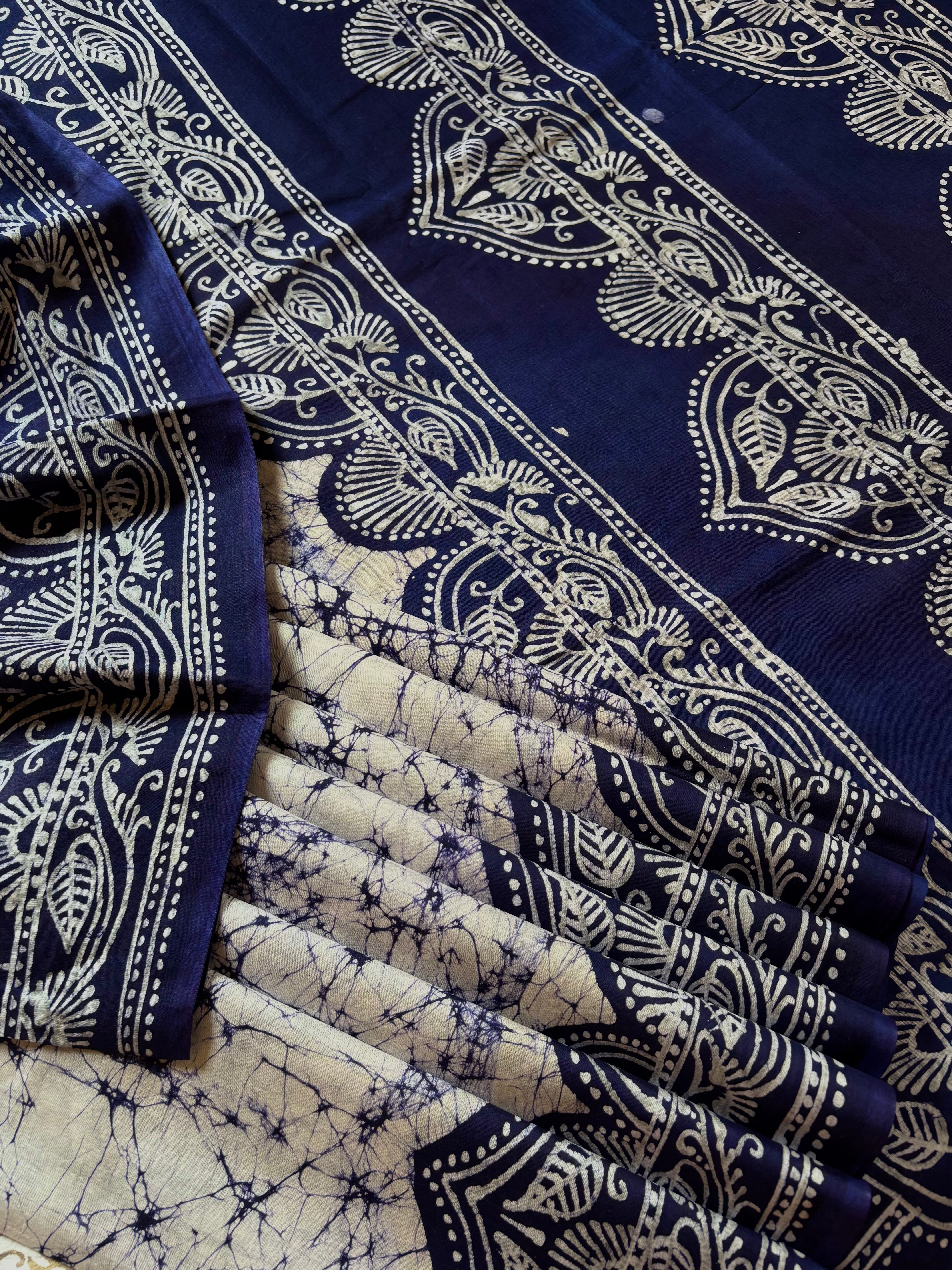 Handmade Pure Cotton White Blue Batik Saree