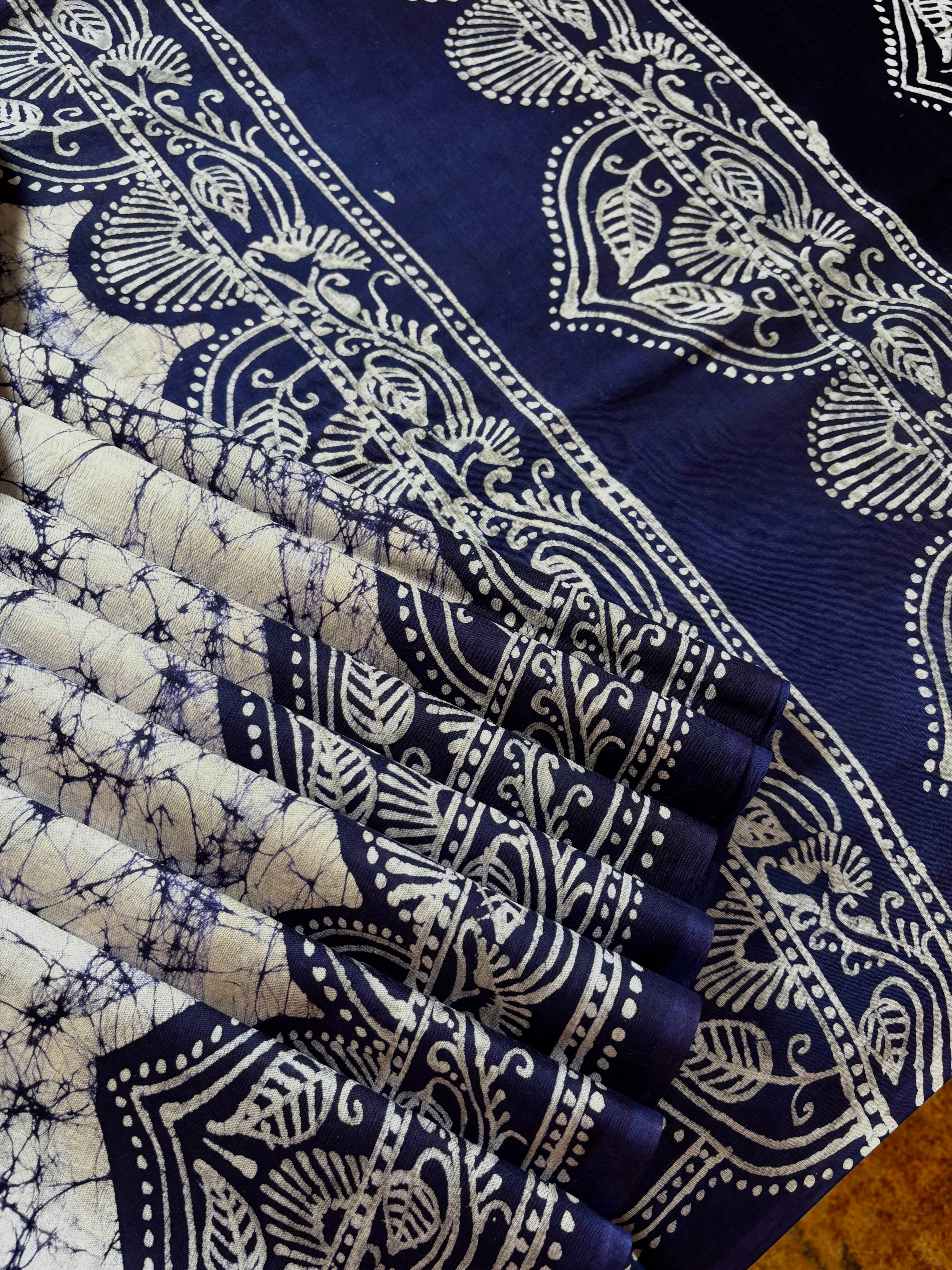 Handmade Pure Cotton White Blue Batik Saree
