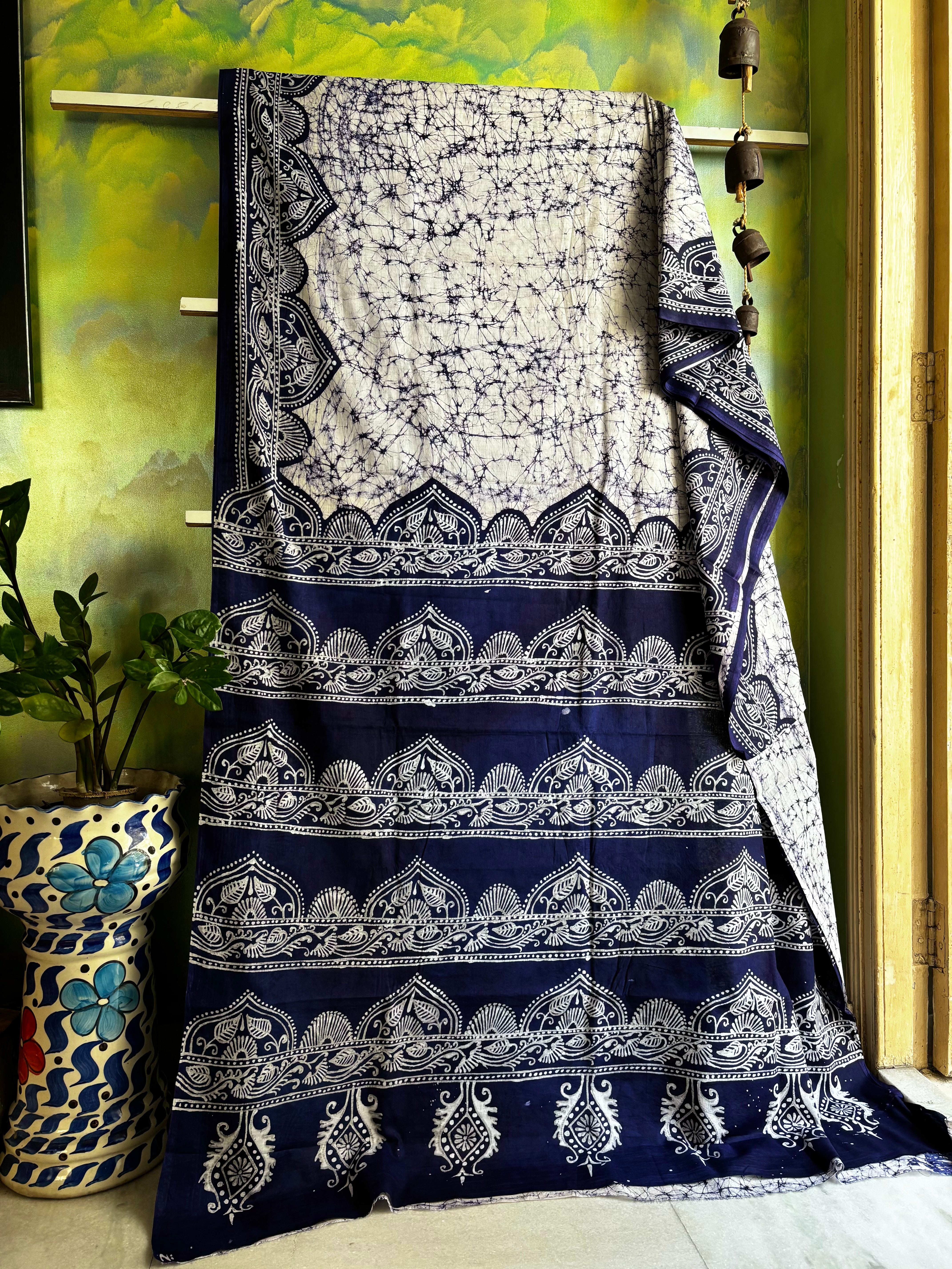 Handmade Pure Cotton White Blue Batik Saree