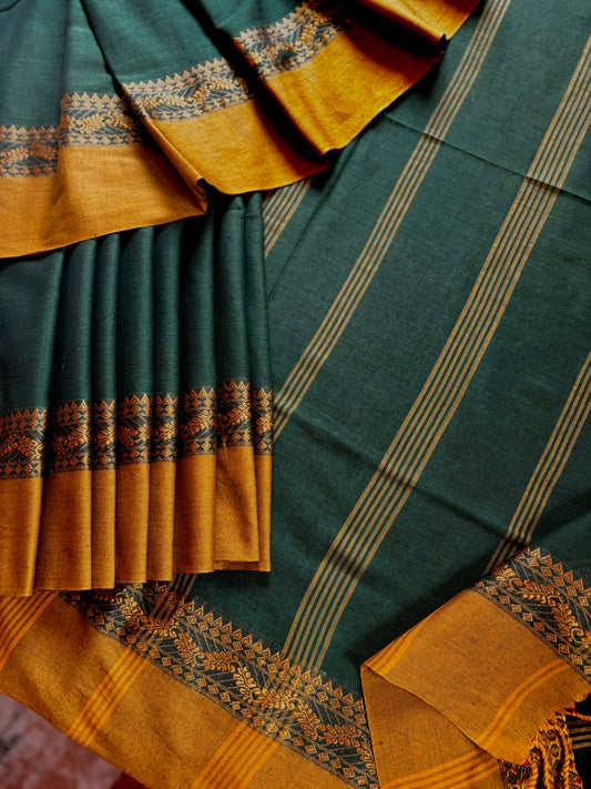 Handmade Green Mustard Phulia Cotton Saree