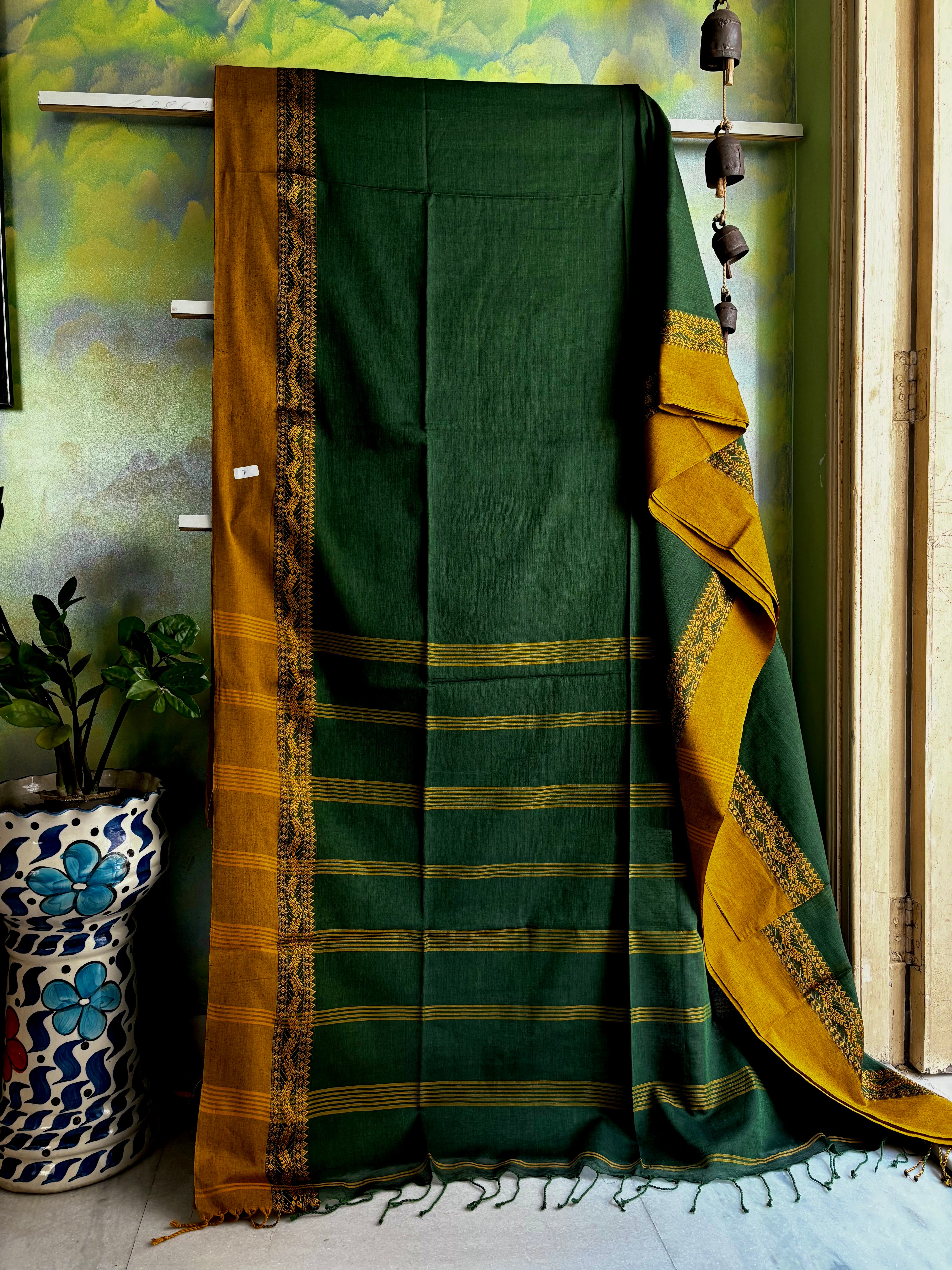Handmade Green Mustard Phulia Cotton Saree