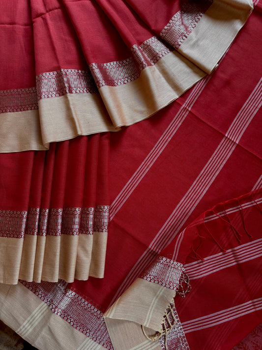 Handwoven Rust Beige Phulia Cotton Saree