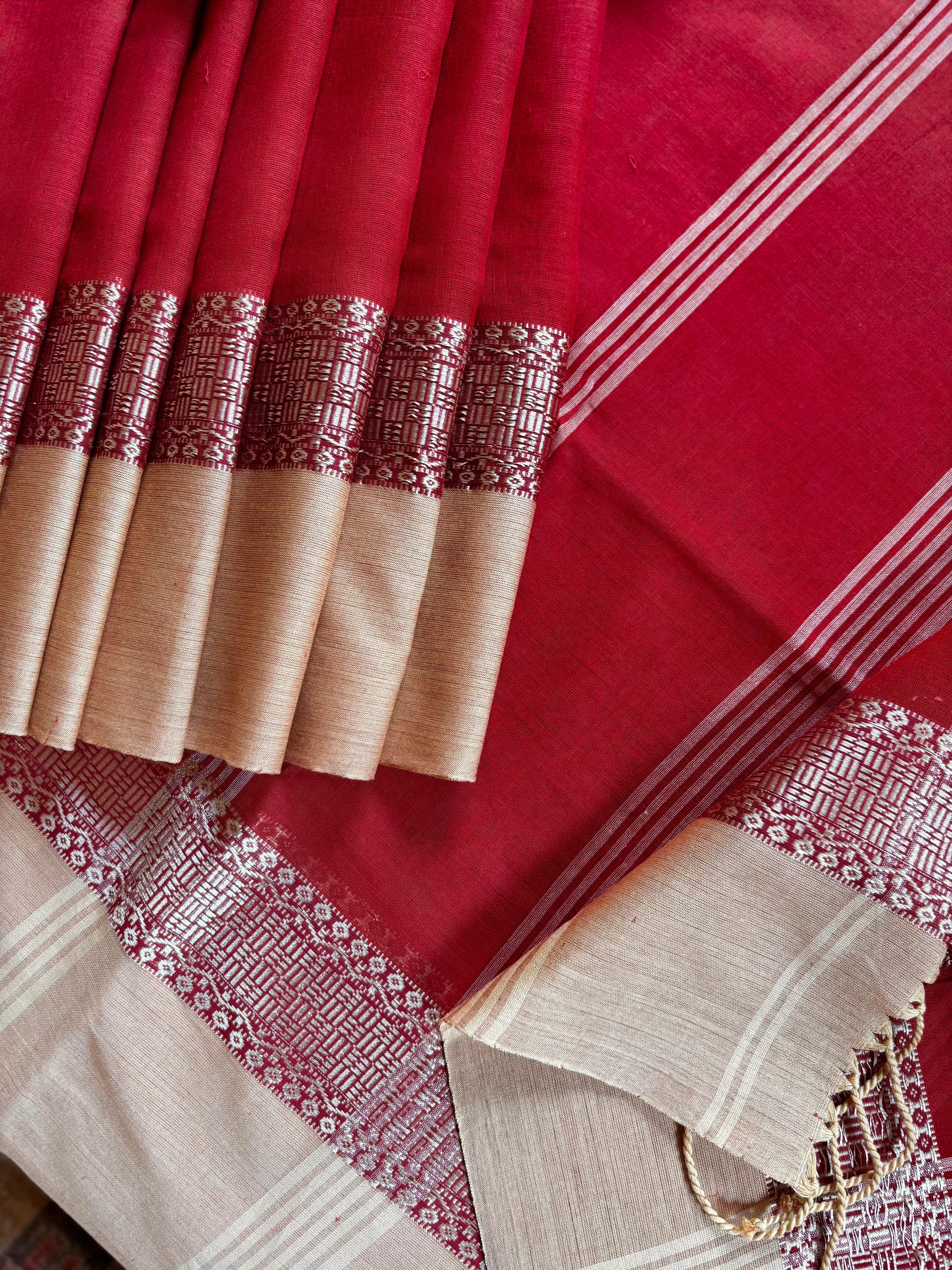 Handwoven Rust Beige Phulia Cotton Saree