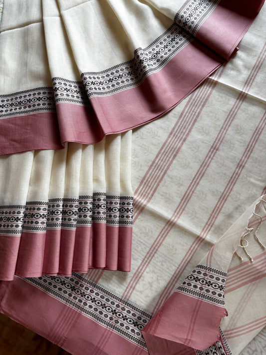 Handwoven Offwhite Dusty Pink Phulia Cotton Saree