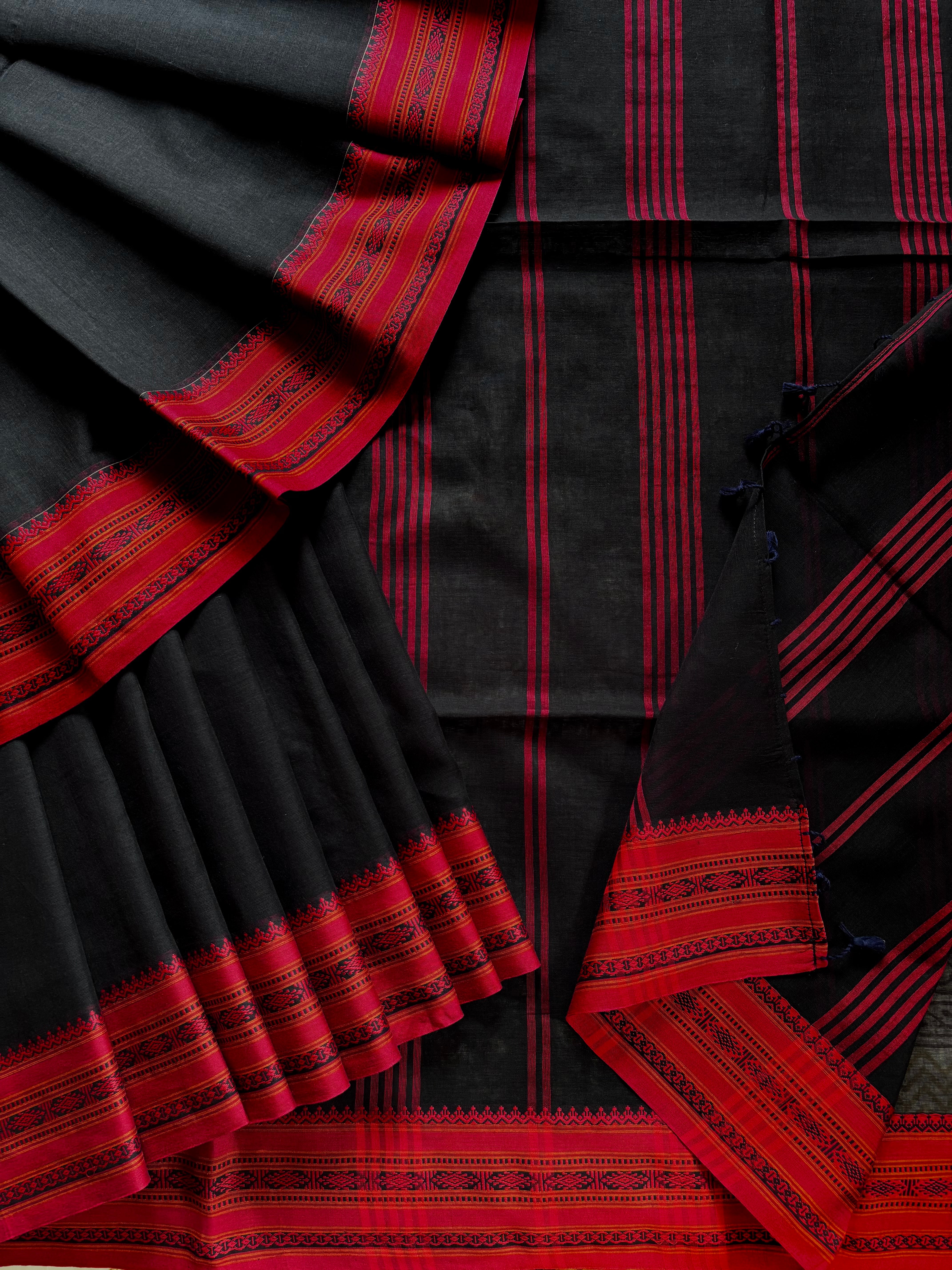 Handwoven Black Red Phulia Cotton Saree