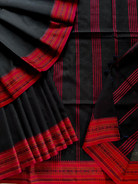 Handwoven Black Red Phulia Cotton Saree