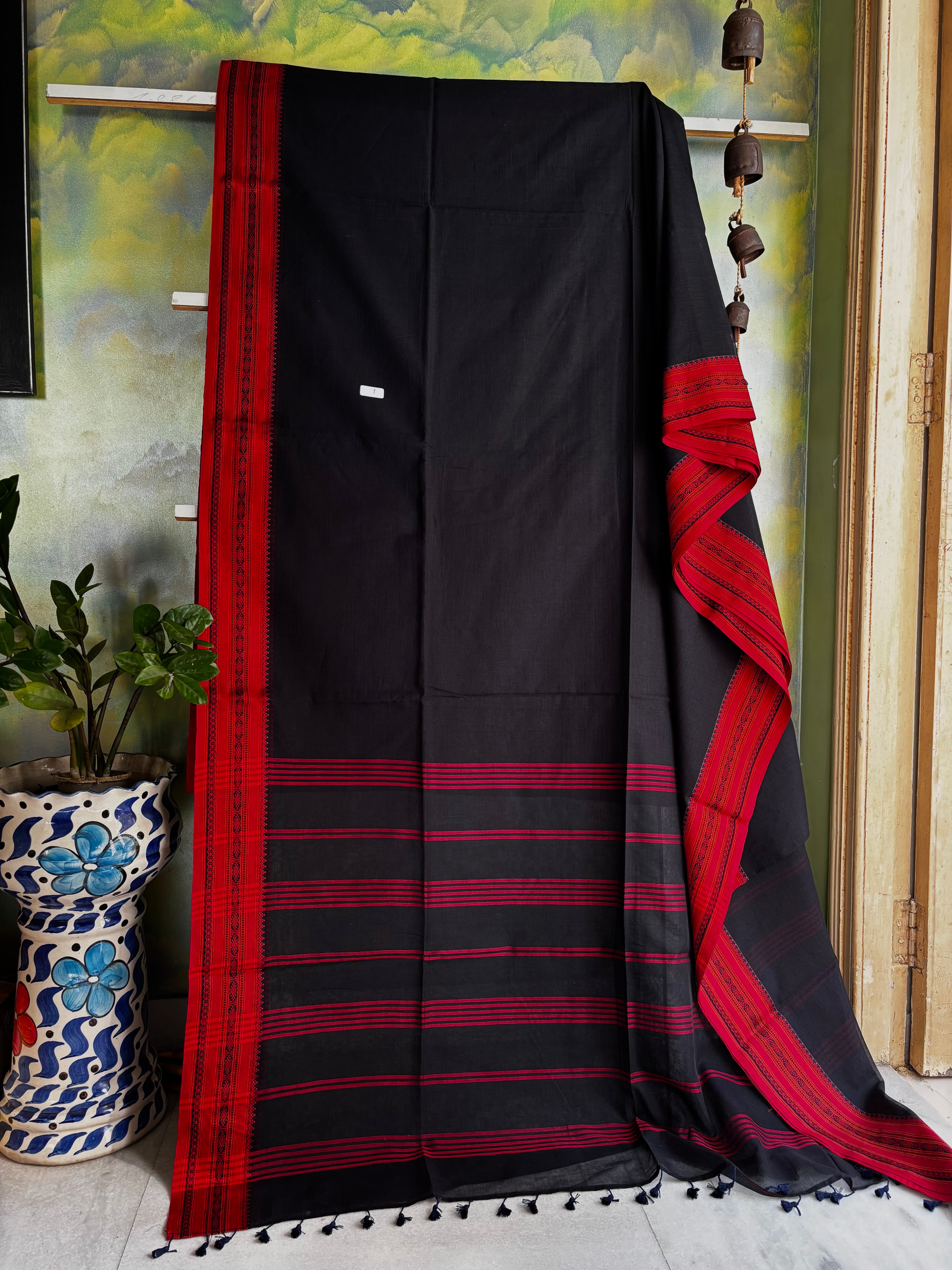 Handwoven Black Red Phulia Cotton Saree