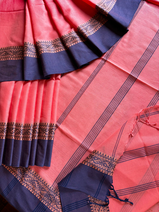 Handwoven Peach Blue Phulia Cotton Saree