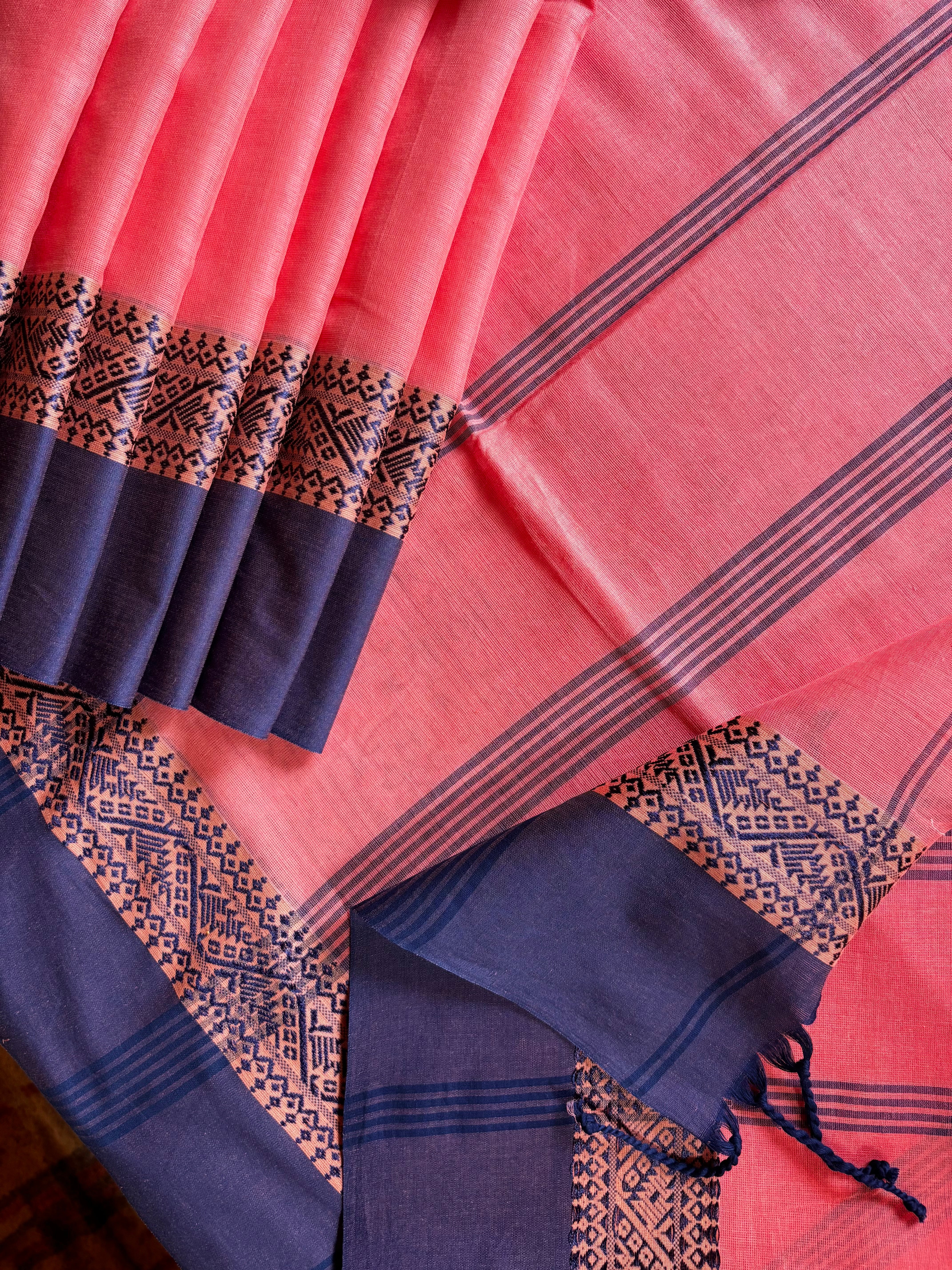 Handwoven Peach Blue Phulia Cotton Saree