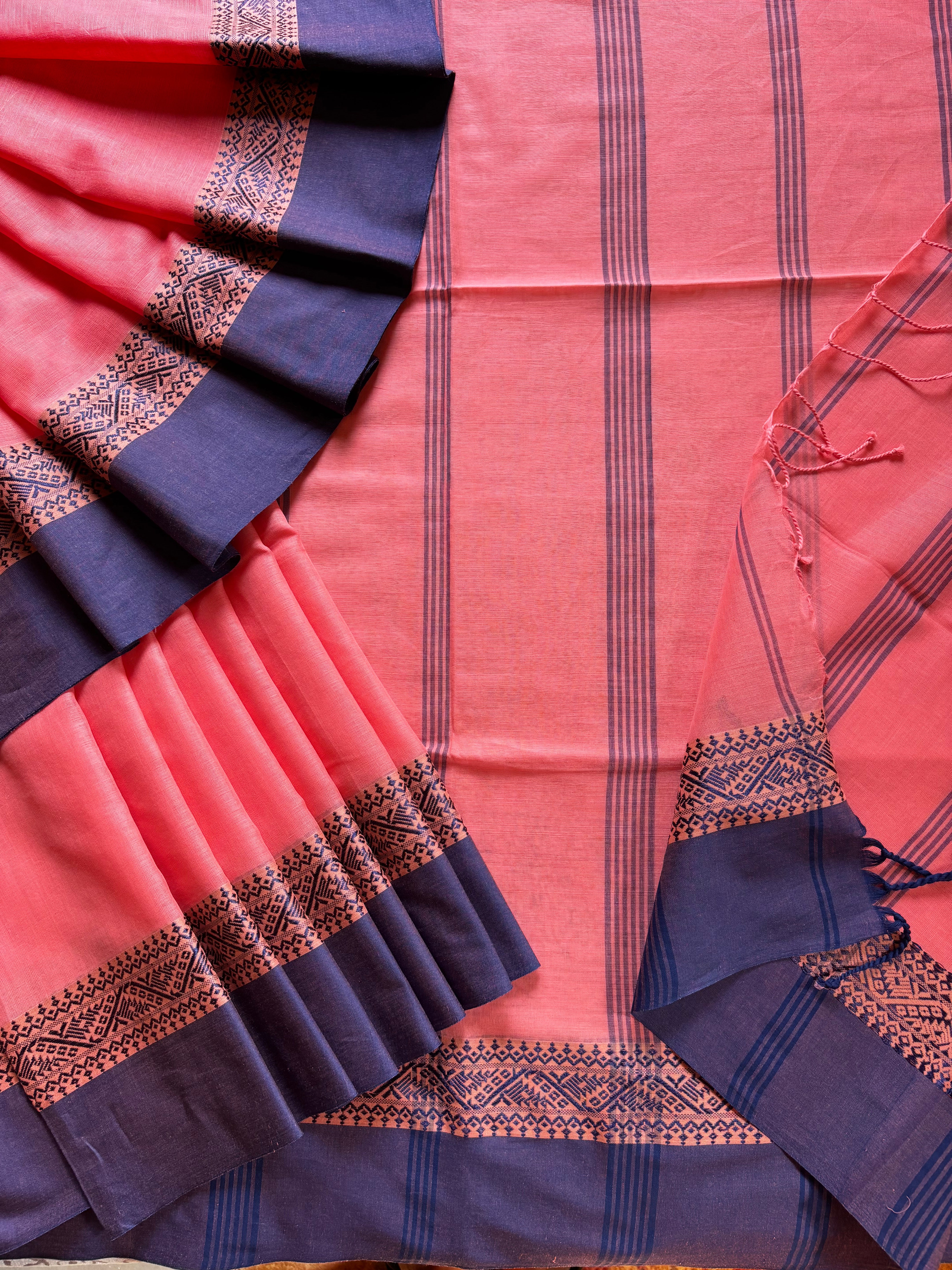 Handwoven Peach Blue Phulia Cotton Saree