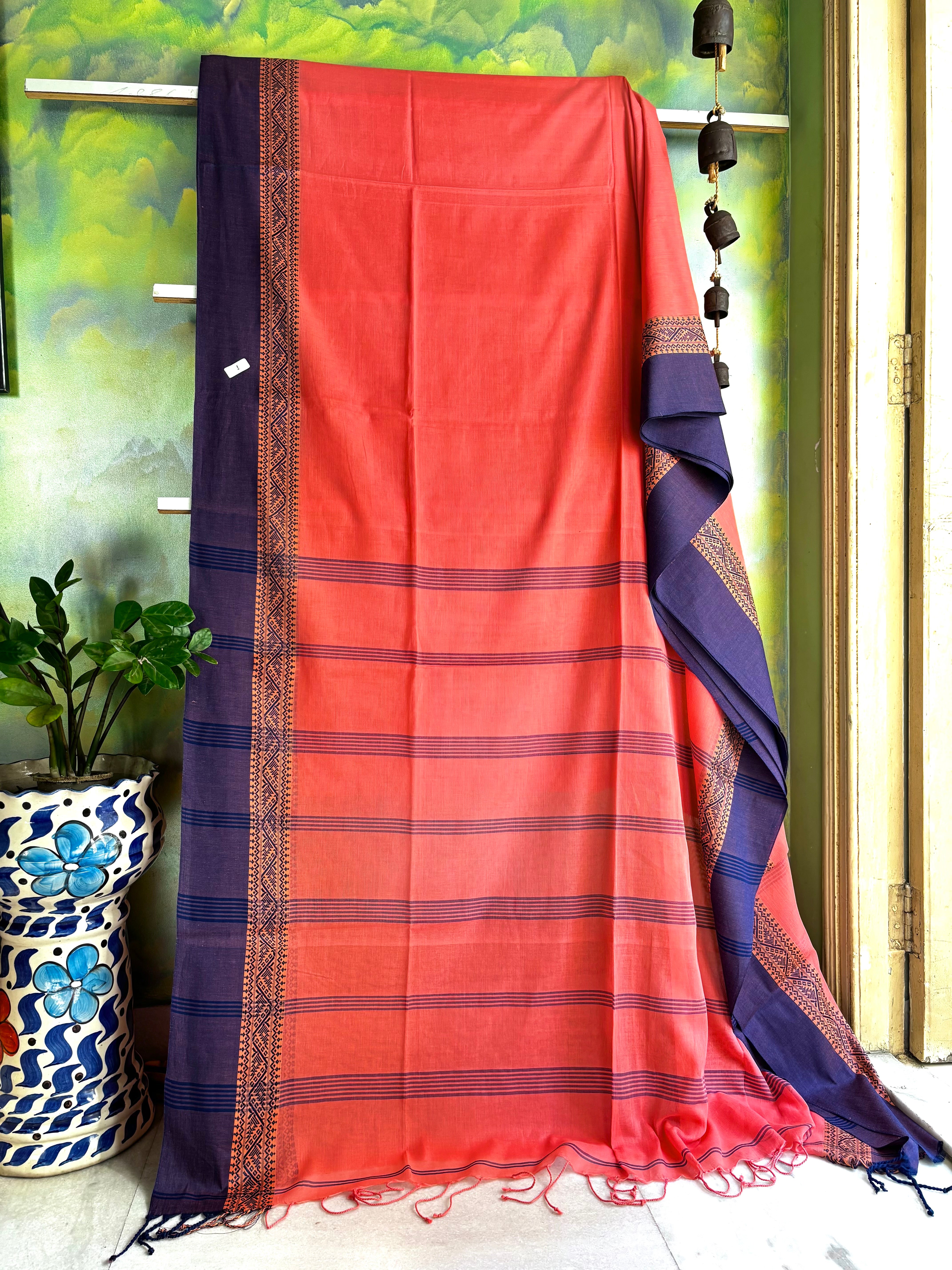 Handwoven Peach Blue Phulia Cotton Saree