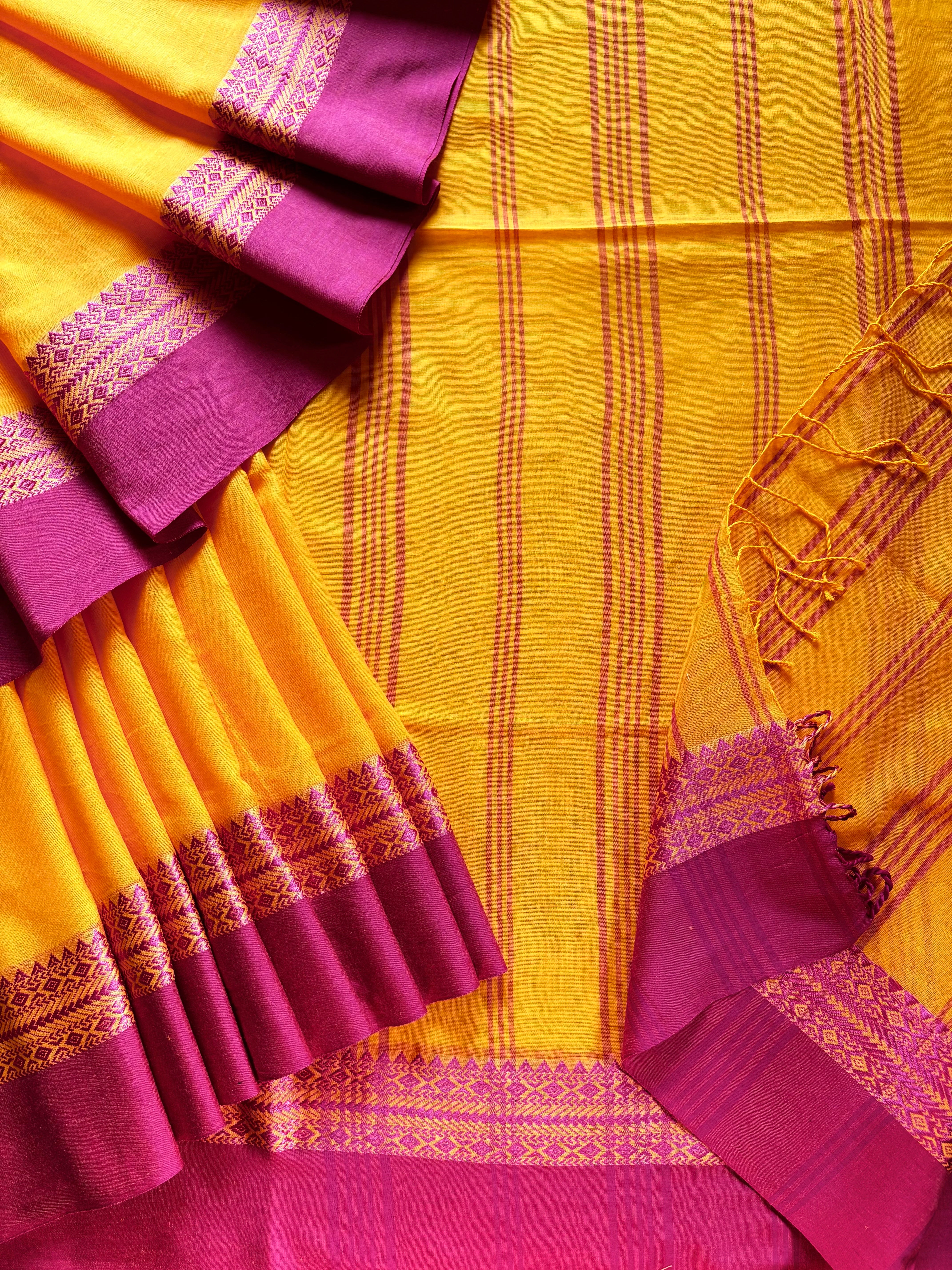 Handwoven Yellow Pink Phulia Cotton Saree