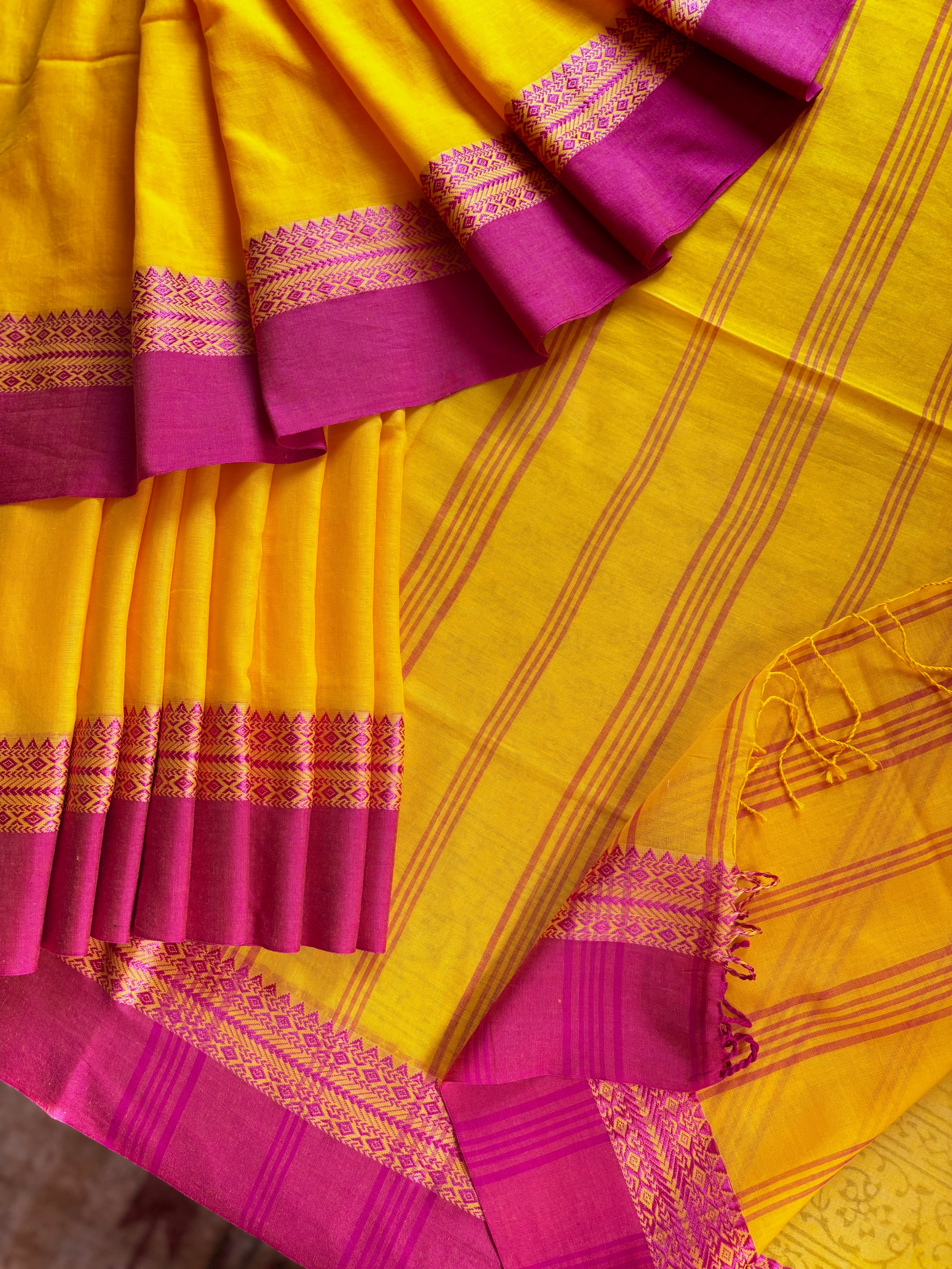 Handwoven Yellow Pink Phulia Cotton Saree