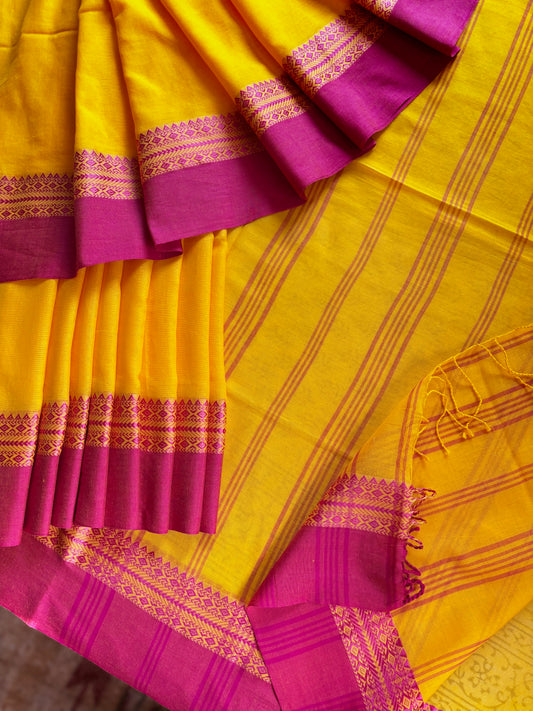 Handwoven Yellow Pink Phulia Cotton Saree