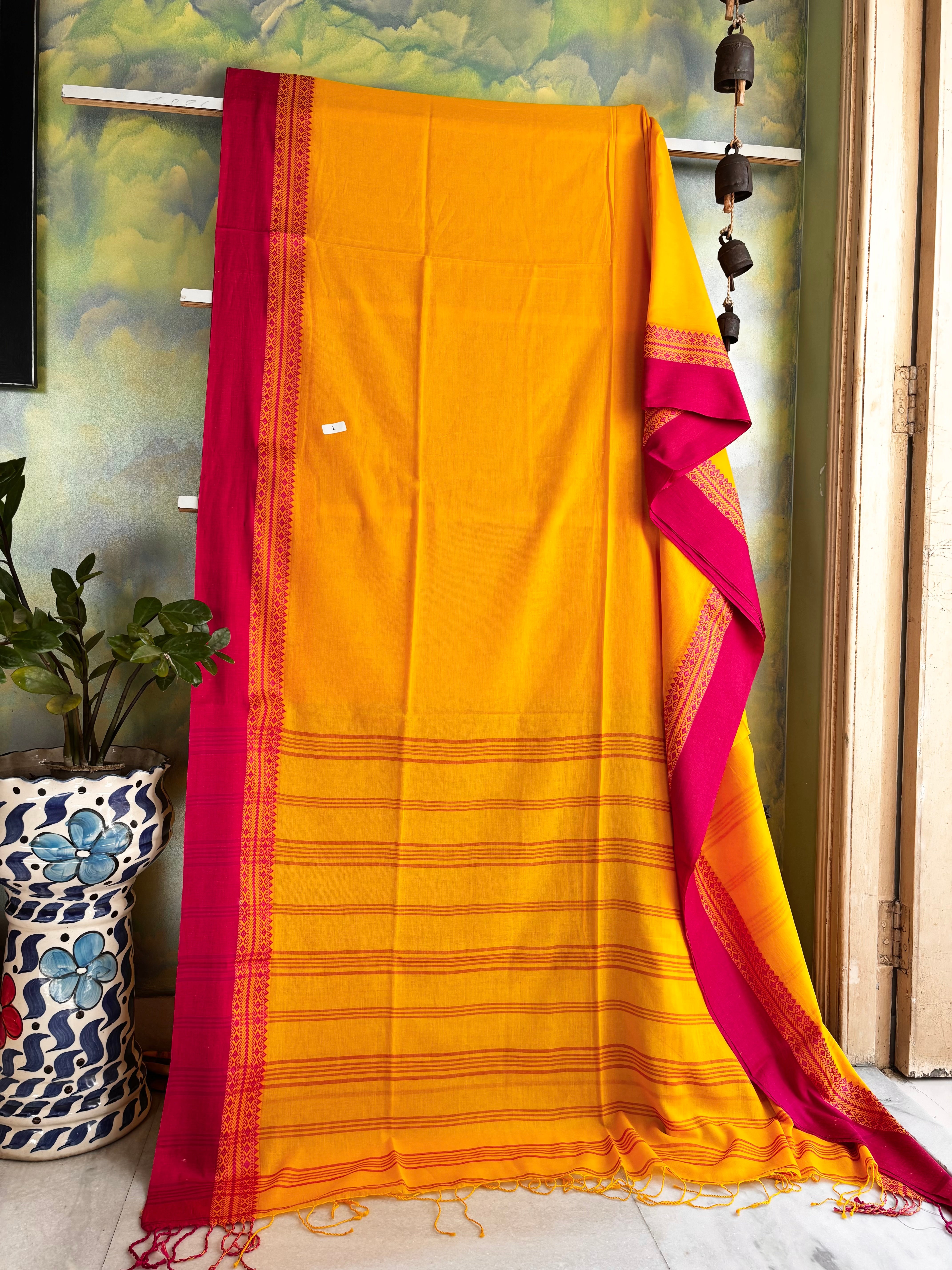 Handwoven Yellow Pink Phulia Cotton Saree