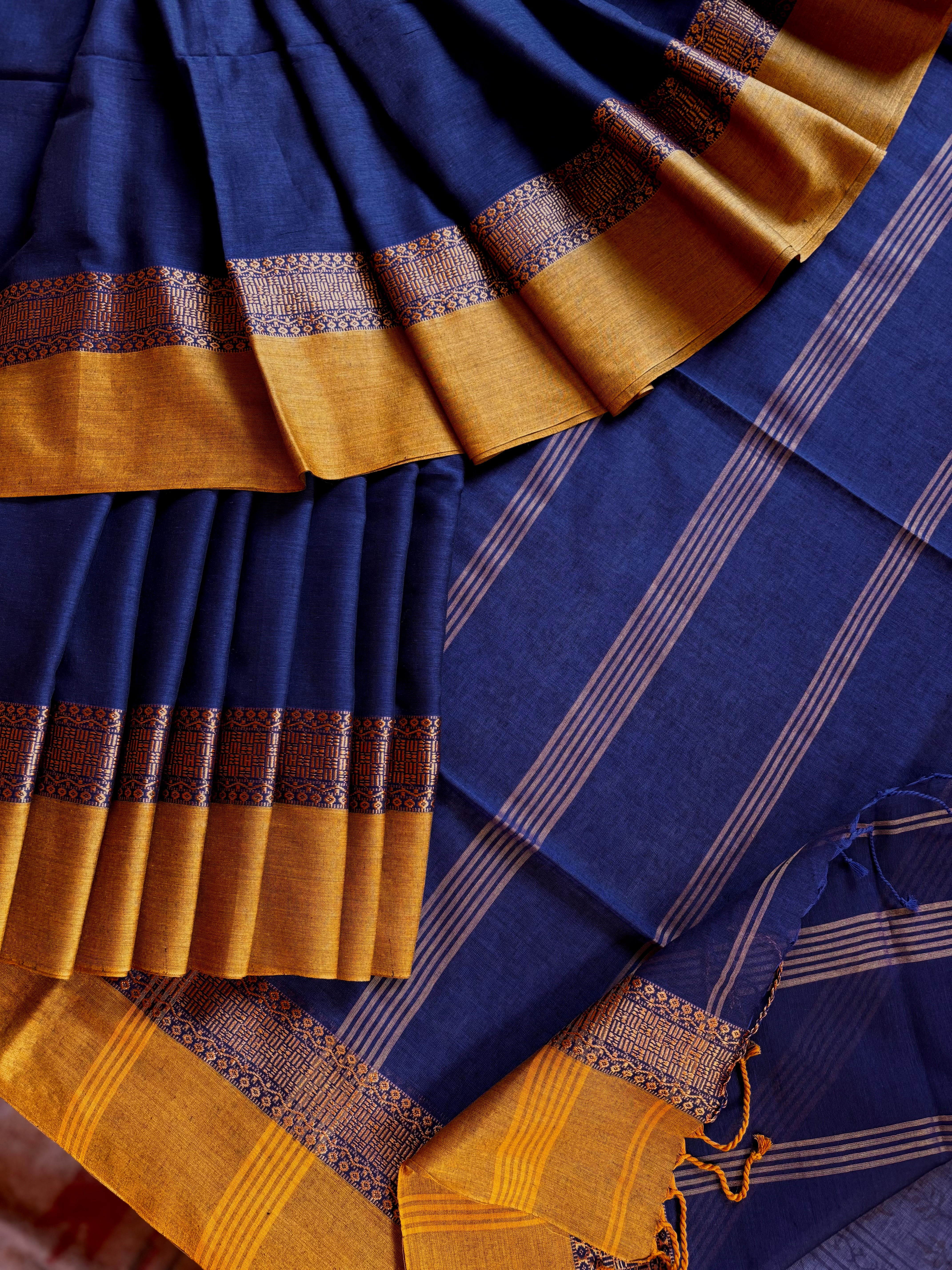 Handwoven Blue Mustard Phulia Cotton Saree