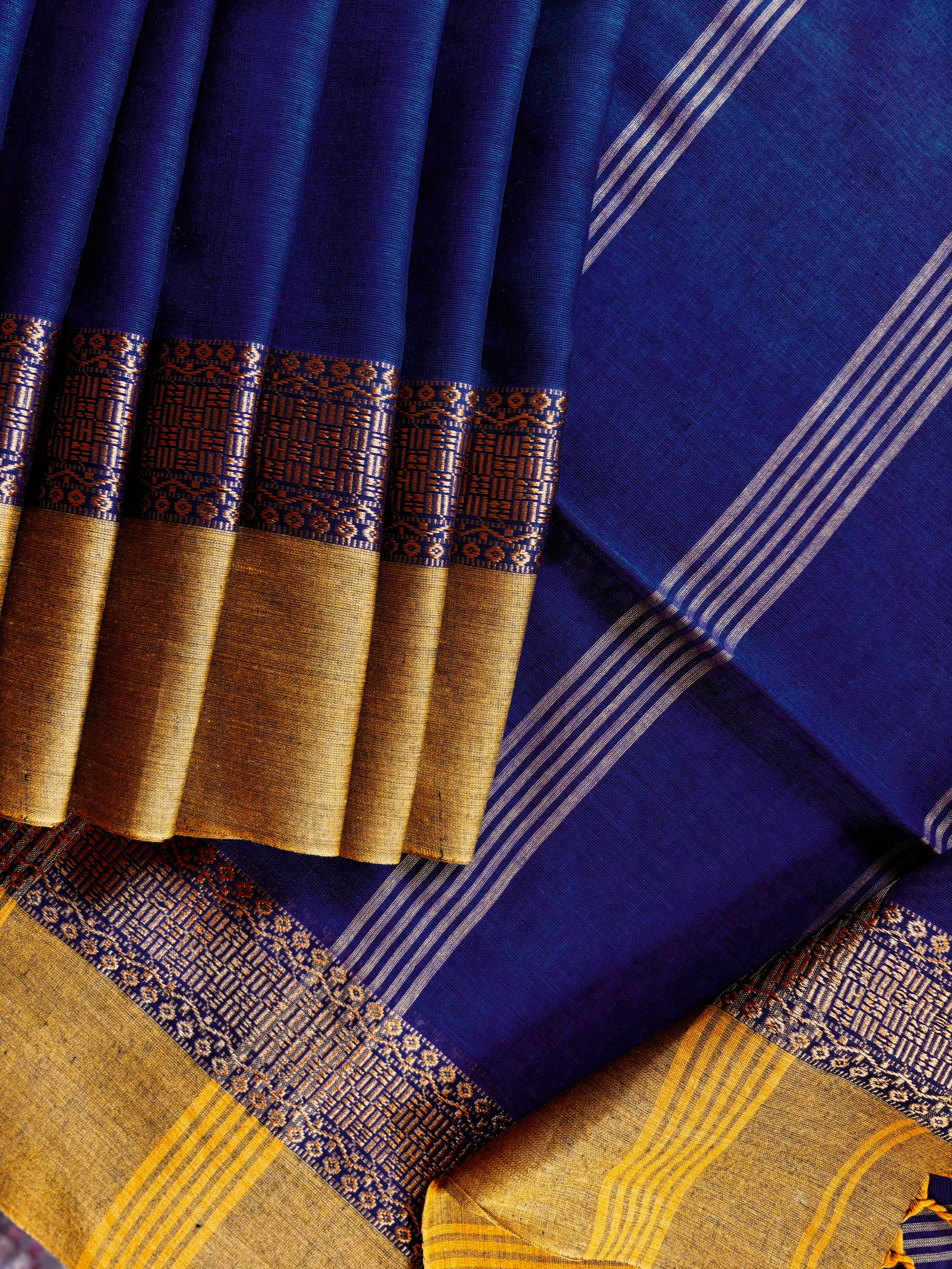 Handwoven Blue Mustard Phulia Cotton Saree