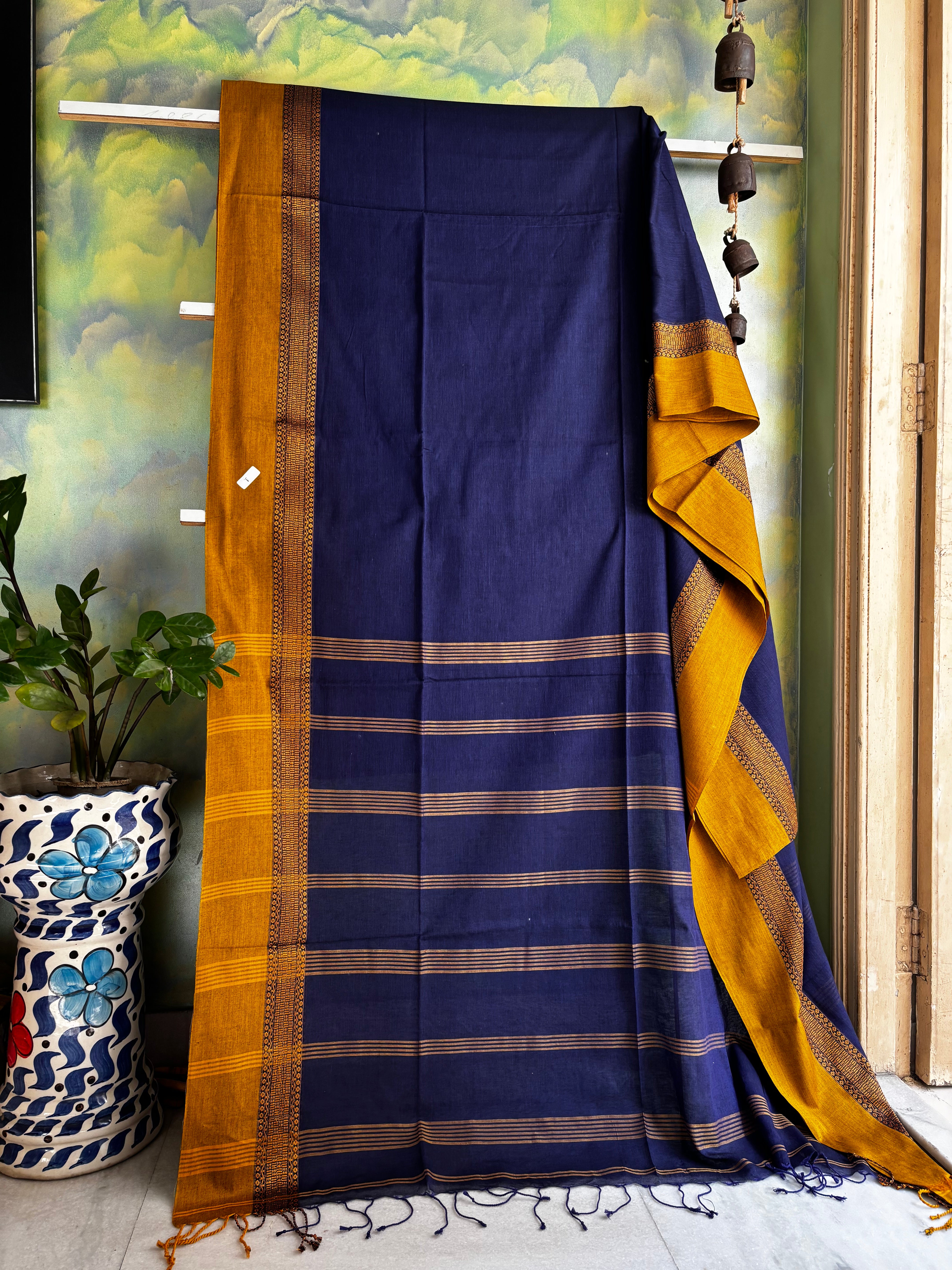 Handwoven Blue Mustard Phulia Cotton Saree