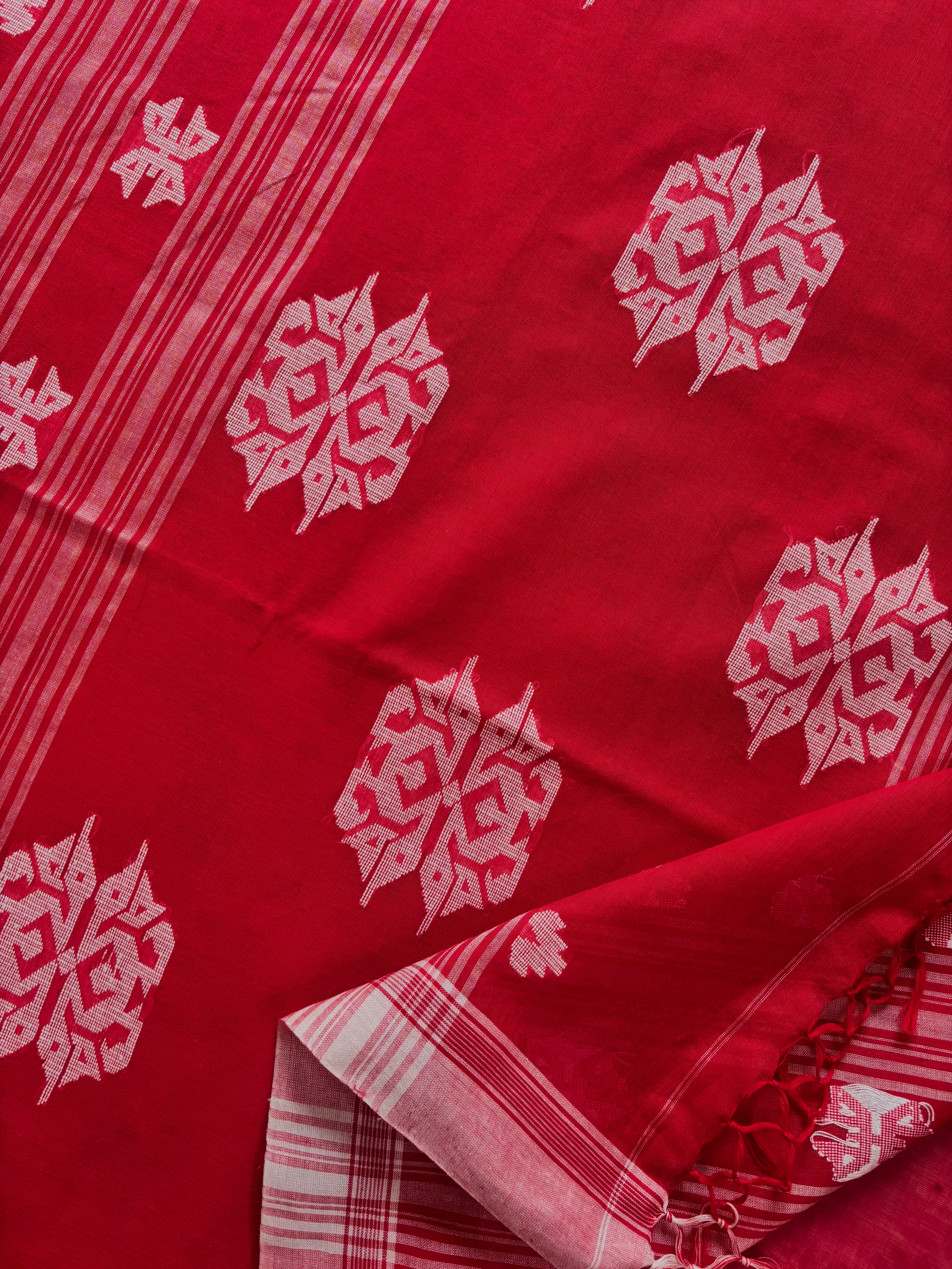 Handwoven Red Colour Cotton Jamdani Saree