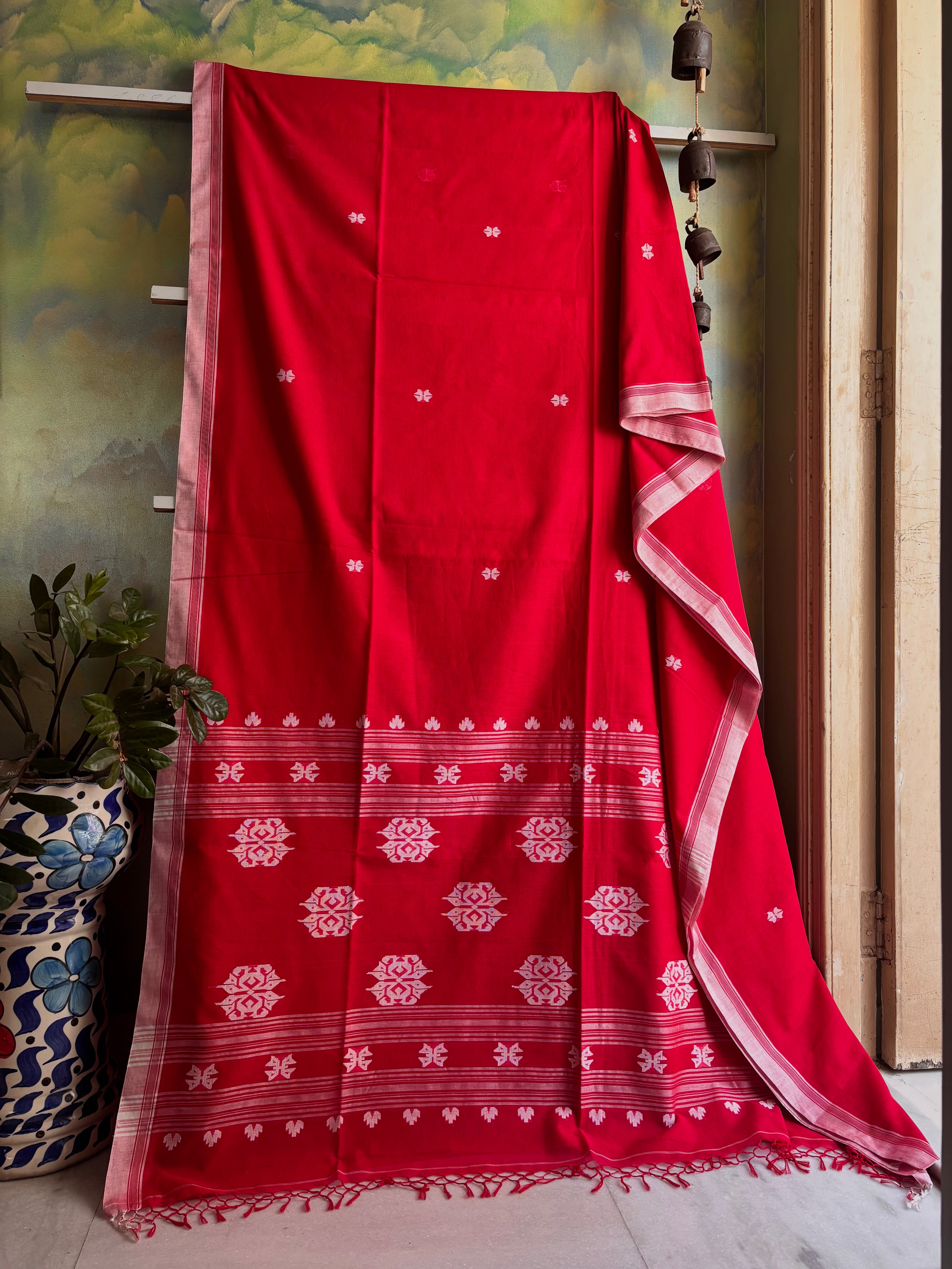 Handwoven Red Colour Cotton Jamdani Saree