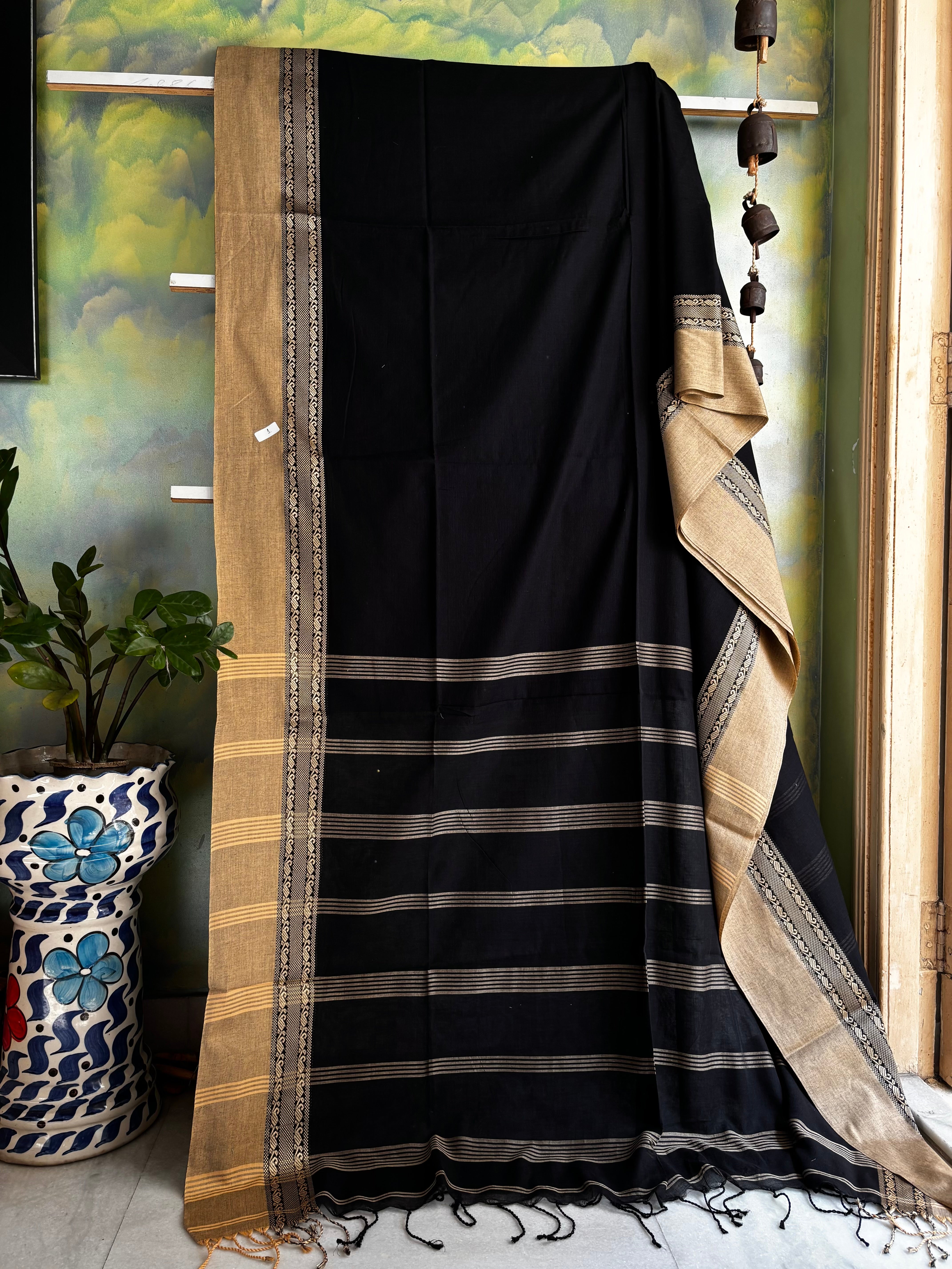 Handwoven Black Beige Phulia Cotton Saree